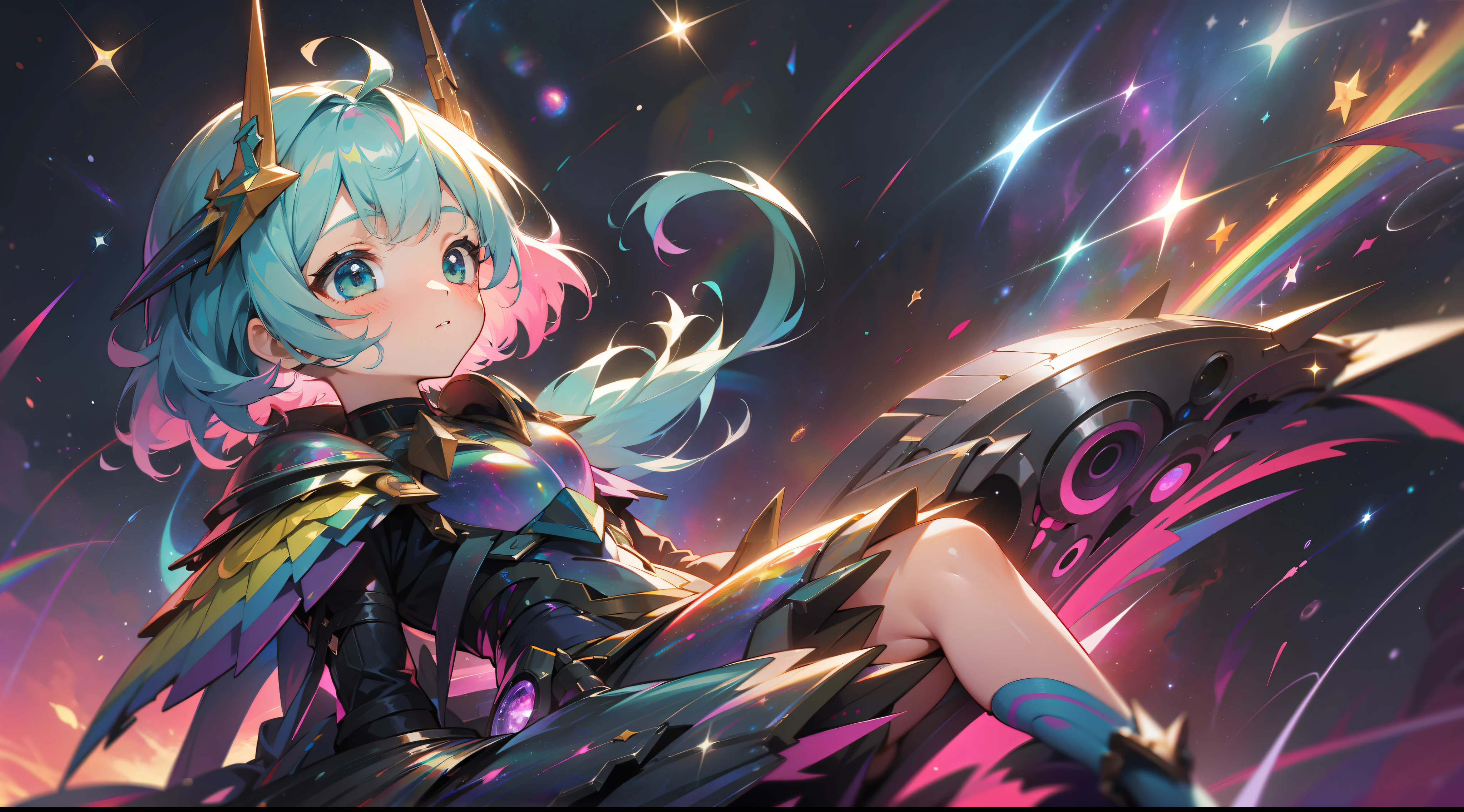 a  with rainbow colored hair and teal dress armor, flying between the stars, rainbow colored cosmic nebula background, stars, galaxies