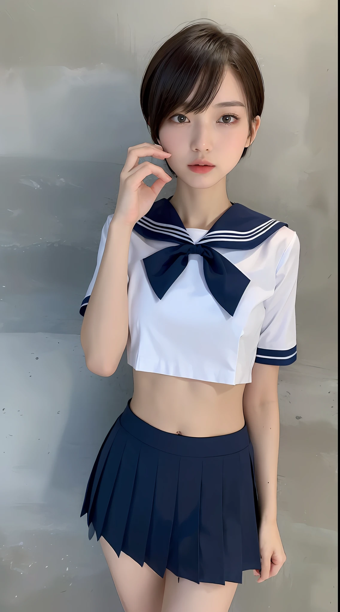 ((top quality, 8k, masterpiece: 1.3)), 1 girl, beauty with slender abs: 1.3, (medium short hair, big: 1.2), sailor suit: 1.1, ultra detailed face, detailed eyes, double eyelids, black pleated skirt, full body, navel