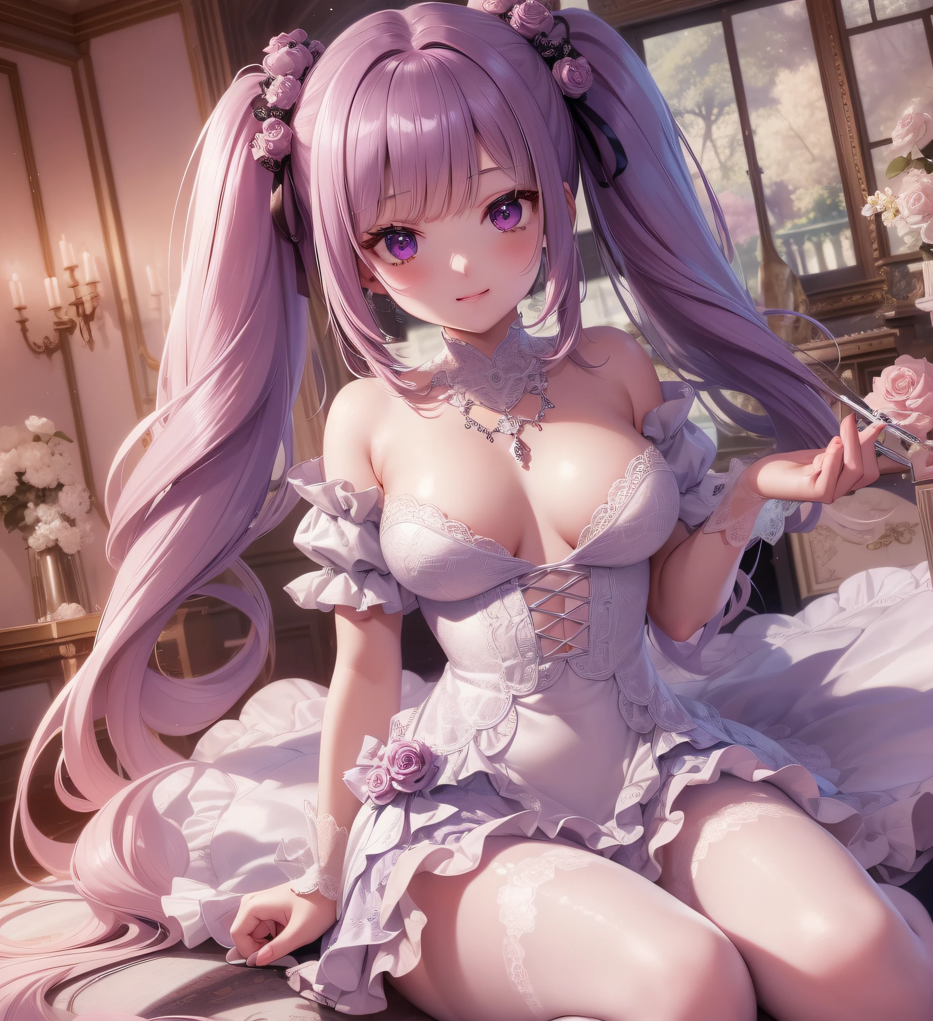 , straddling,,,medium hair, (magenta), blunt bangs, (twintails: 1.3), purple eyes, light smile, (full body), , (cute face: 1.5), solo, (white dress: 1.3), (white pantyhose: 1.3), lace-up heels, necklace, hairpin, (mini girl: 1.3), dynamic angle, floating, frills, painting, depth of field, Natural, beautiful meticulous girl, extremely detailed eyes and face, beautiful detailed eyes, detailed light, cinematic lighting, lens flare, light leakage, sunlight , shine , beautiful detail glow, ridiculous, incredibly ridiculous, huge file size , super detailed, high resolution, extremely detailed, best quality , masterpiece, illustration, extremely delicate and beautiful, very detailed , CG ,unity ,8k wallpaper, amazing, fine detail, masterpiece, best quality, official art, extremely detailed CG Unity 8k wallpaper, studio lighting, high saturation, dramatic angle, reflected light, ray tracing, depth of field, outdoors, (14:1.3)