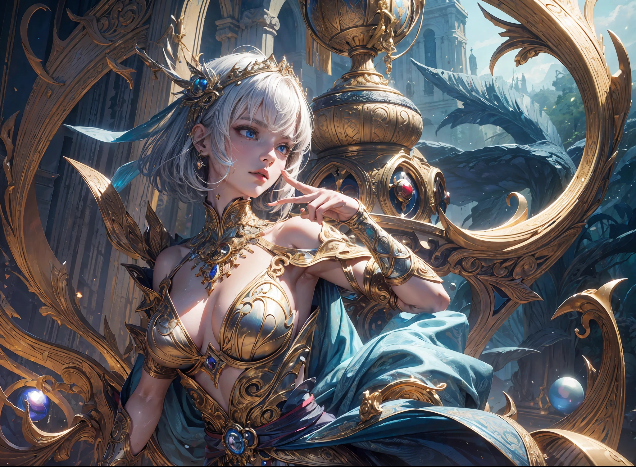 ((Best quality)), ((masterpiece)), ((highly intricate details)),beautiful, high quality, highres, absurdres, light difussion, intricate details, complex details, ((anime)), (anime:1.2) , (perfect face:1.3), extreme detailed eyes, colorful, highest detailed, vibrant colors, high contrast, (8K UHD:1.2), (photorealistic:1.2),(masterpiece:1.4), (best quality:1.4), realistic,medium breast.masterpiece, high quality, 3d, 8k cg, intricate details, detailed background, sacred. ornaments, byDylanKowalski, ((1girl)), upper body, muscular, skindentation, looking to the side, short hair, prosthesis, mechanical arms, synthetic skin, porcelain, pearl, holographic, titanium, diamond, ruby, sapphire, gemstones, clockwork, grunge, worn edges, armor,