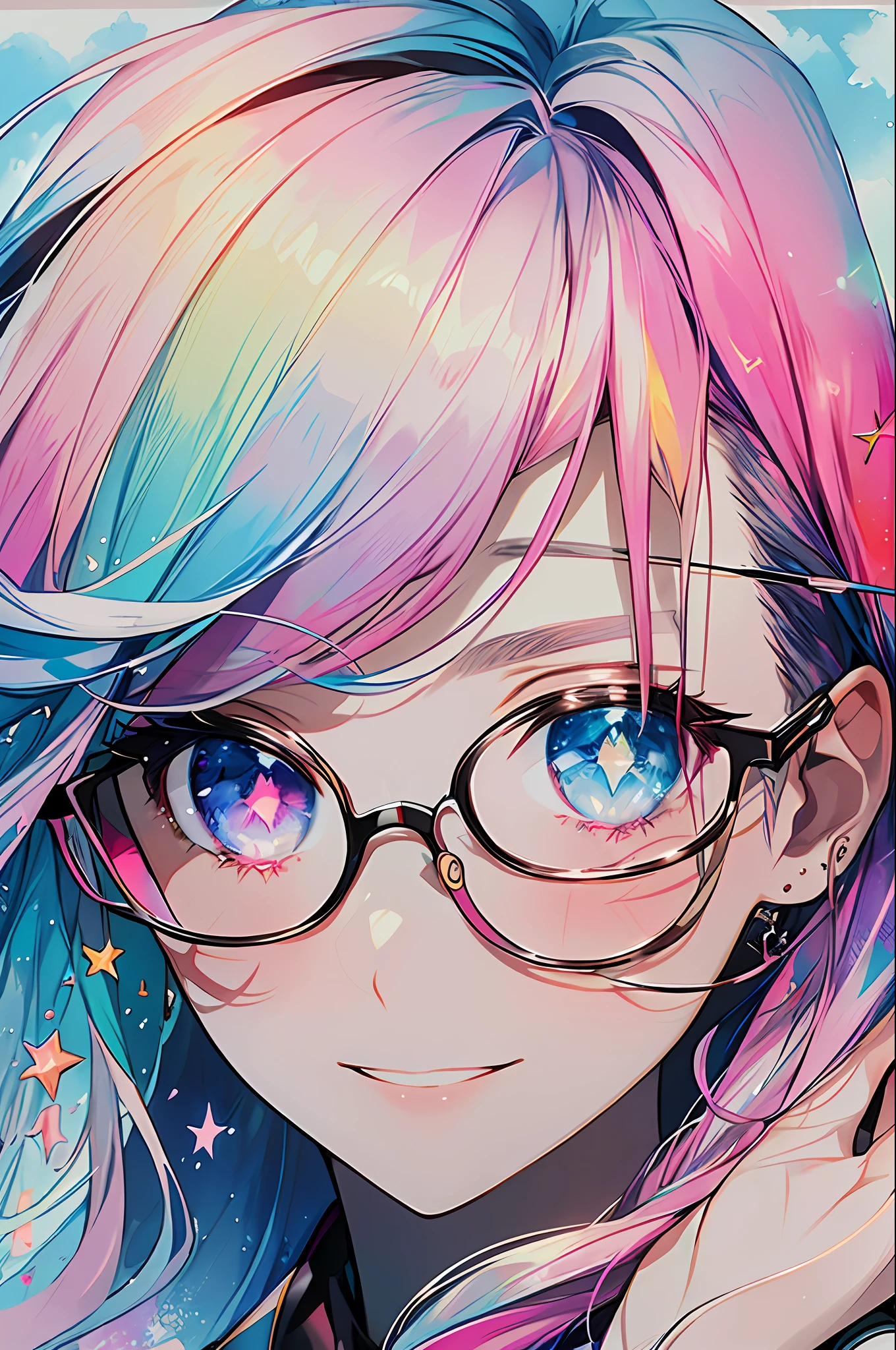 (Masterpiece, Best Quality, Best Quality, Watercolor (Medium), Official Art, Beautiful and Aesthetic: 1.2), (1 Girl: 1.3), (Fractal Art: 1.3), Whole Body, Watching Viewer, Pattern, (Iridescent Hair, Colorful Hair, Half Blue and Half Pink Hair: 1.2), Water, Liquid, Cloud, Colorful, Starry Sky, Stars, Smile, Glasses, Close Up, Heterochromia, (Colorful: 1.5)