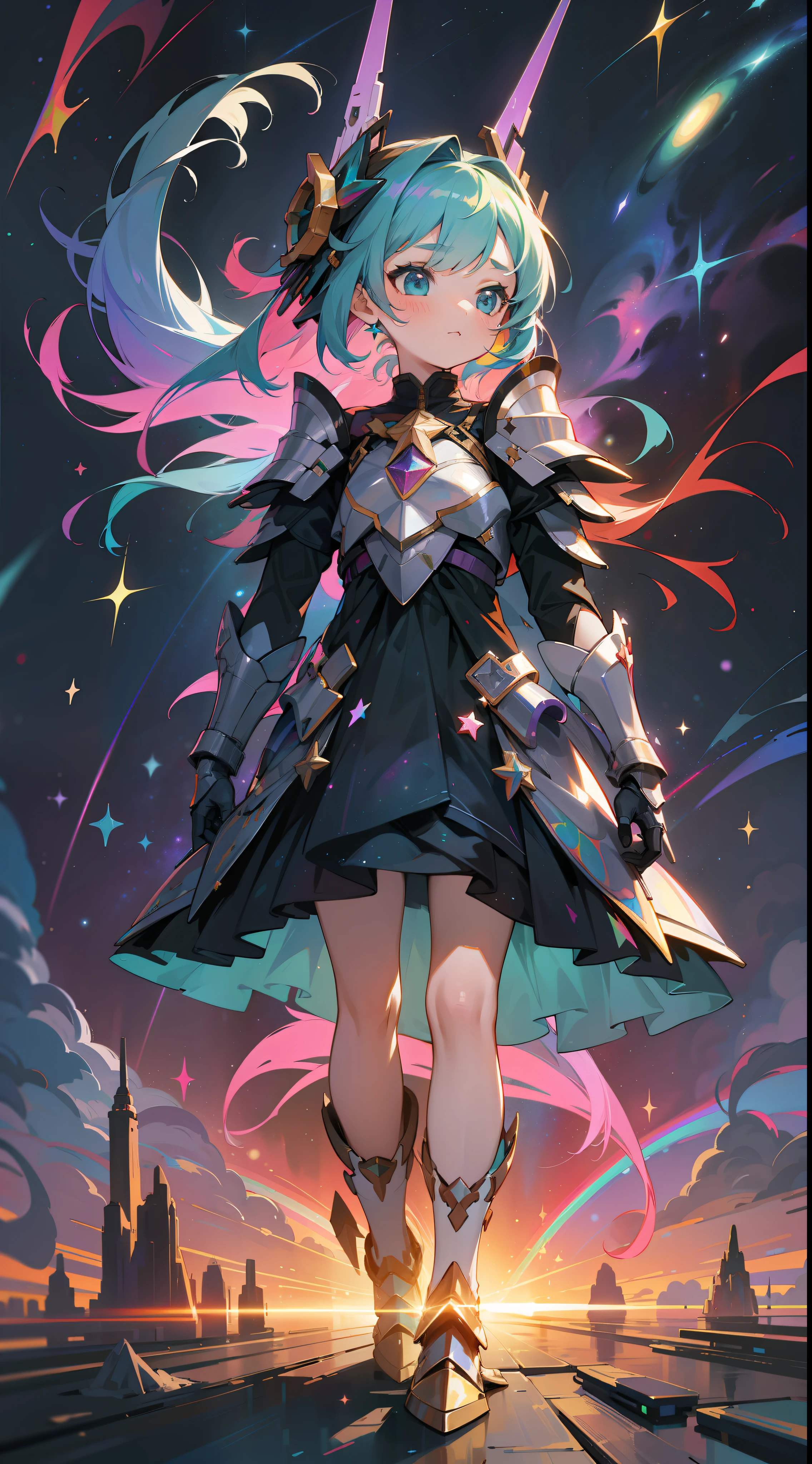 a with rainbow colored hair and teal dress armor, walking in the stars, rainbow colored cosmic nebula background, stars, galaxies