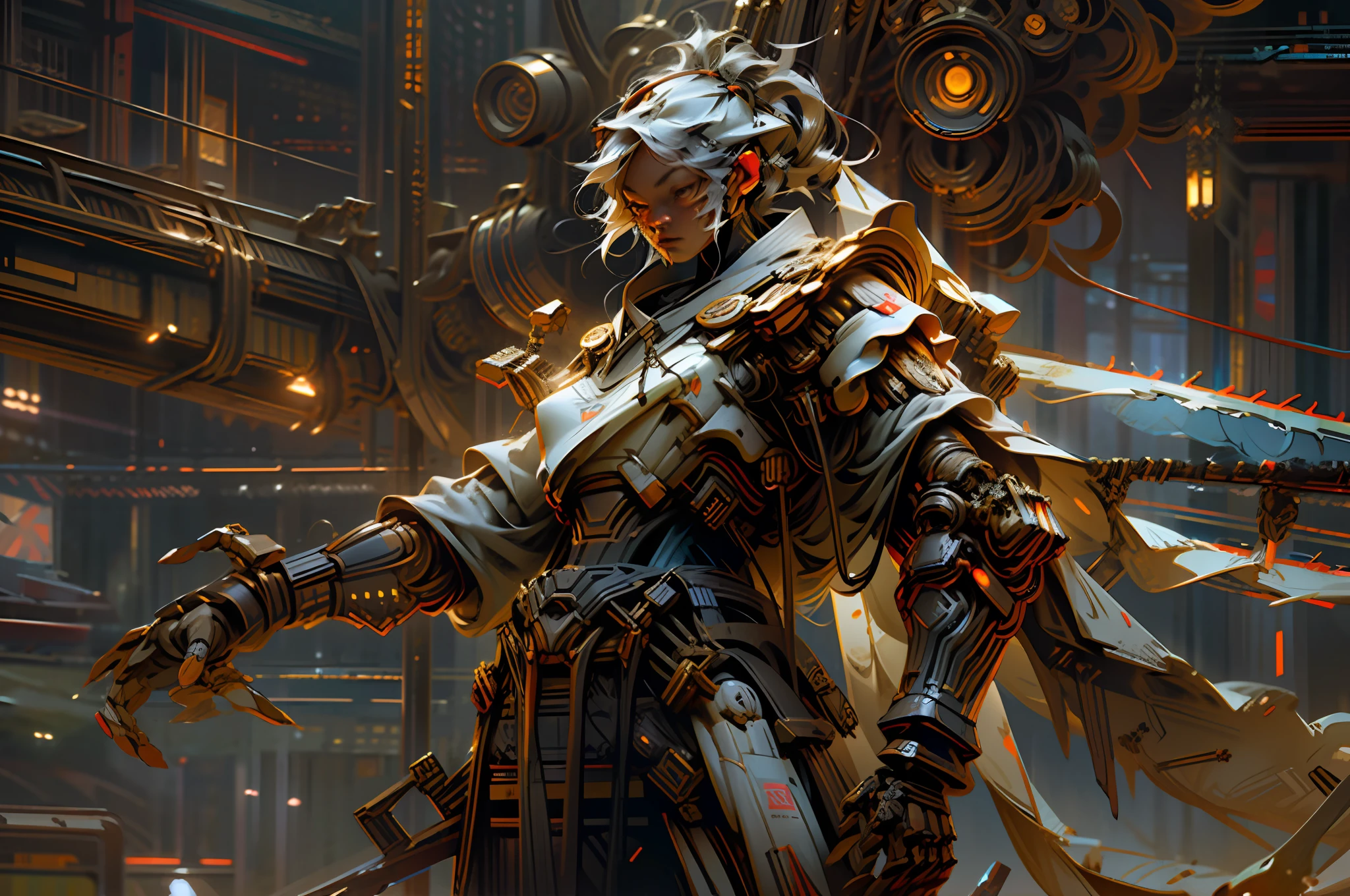 Dark_Fantasy, Cyberpunk, (chain saw, Red:1.1), 1 girl, Mechanical marvel, Robotic presence, Cybernetic guardian, wearing shabby mech suits, intricate, (steel metal [rusty]), elegant, clear focus, photographed by greg rutkowski, soft lighting, bright colors, masterpiece, ((street)), cowboy shooting, dynamic pose,