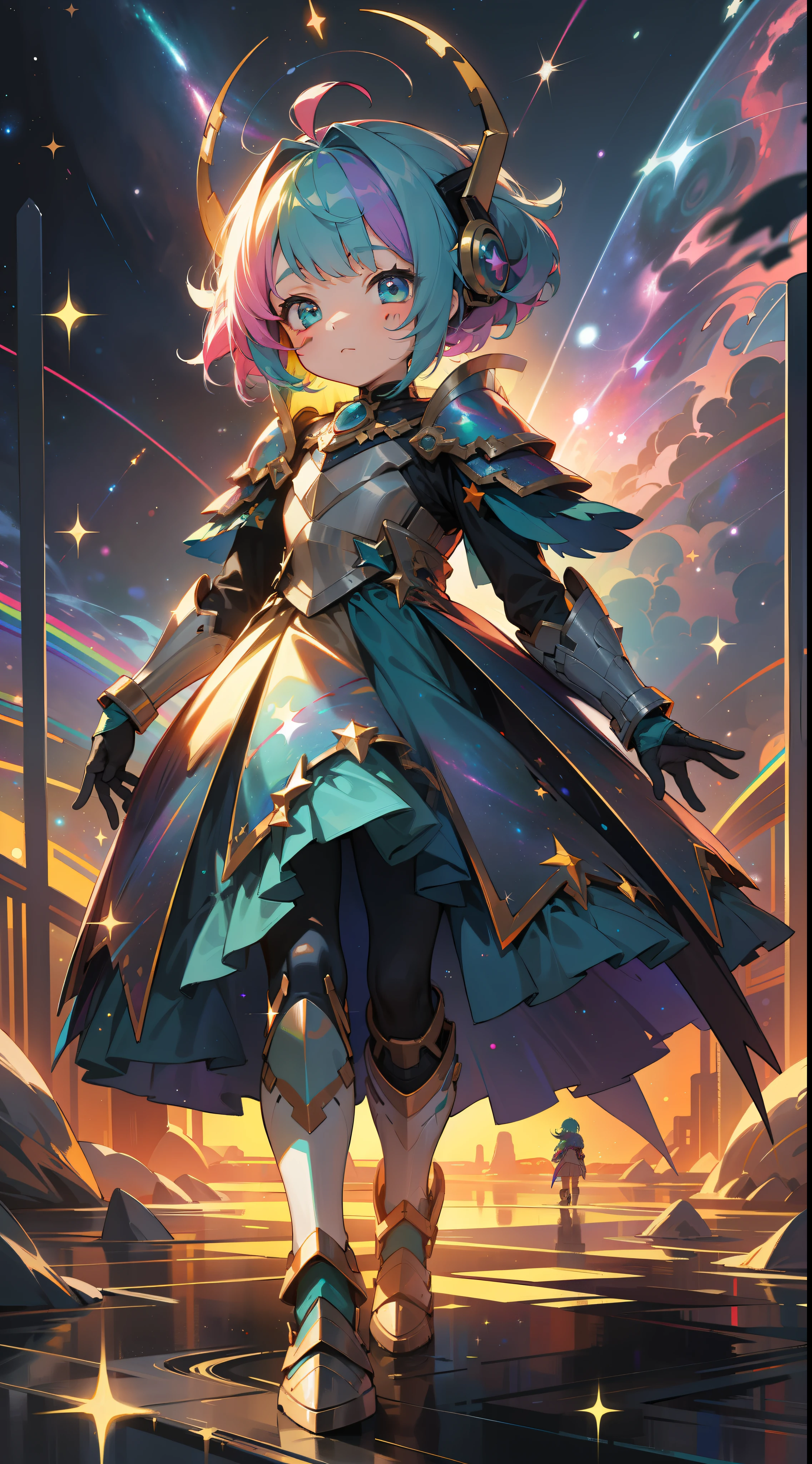 a with rainbow colored hair and teal dress armor, walking in the stars, rainbow colored cosmic nebula background, stars, galaxies