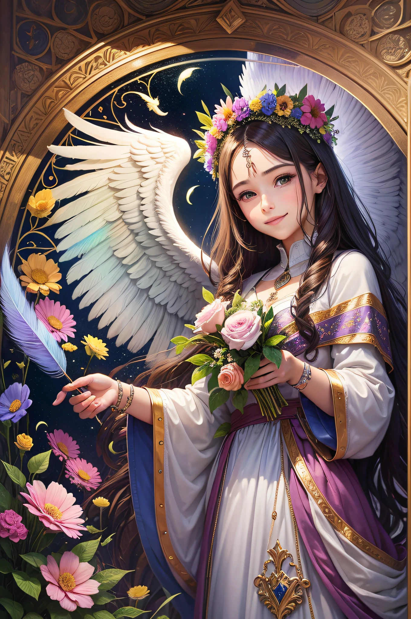 Always with angels, security, security, happiness, radiance, light, fantastic, flowers, rainbow, glitter, smile, feathers, heaven, heaven, medieval --auto --s2