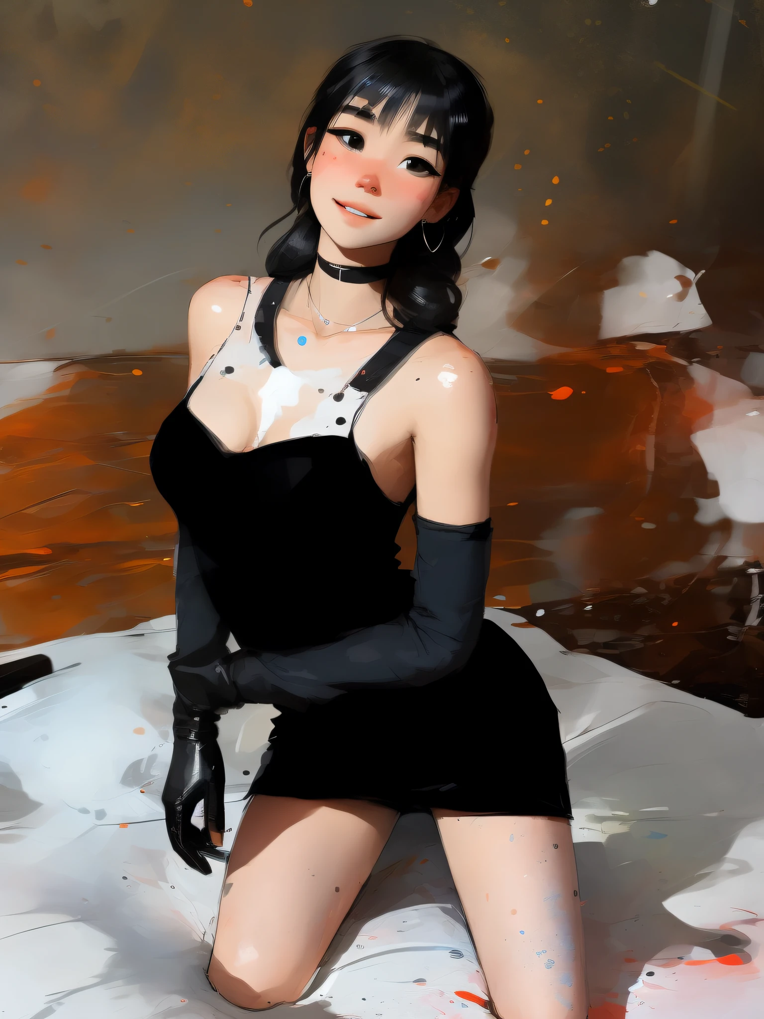 samdoesarts; award winning half body portrait of a beautiful woman in a croptop and cargo pants, military boots, standing on the street faint smile,  paint splashes, hair in a bun, splatter, outrun, vaporware,  digital art, trending on artstation, highly detailed, fine detail, intricate