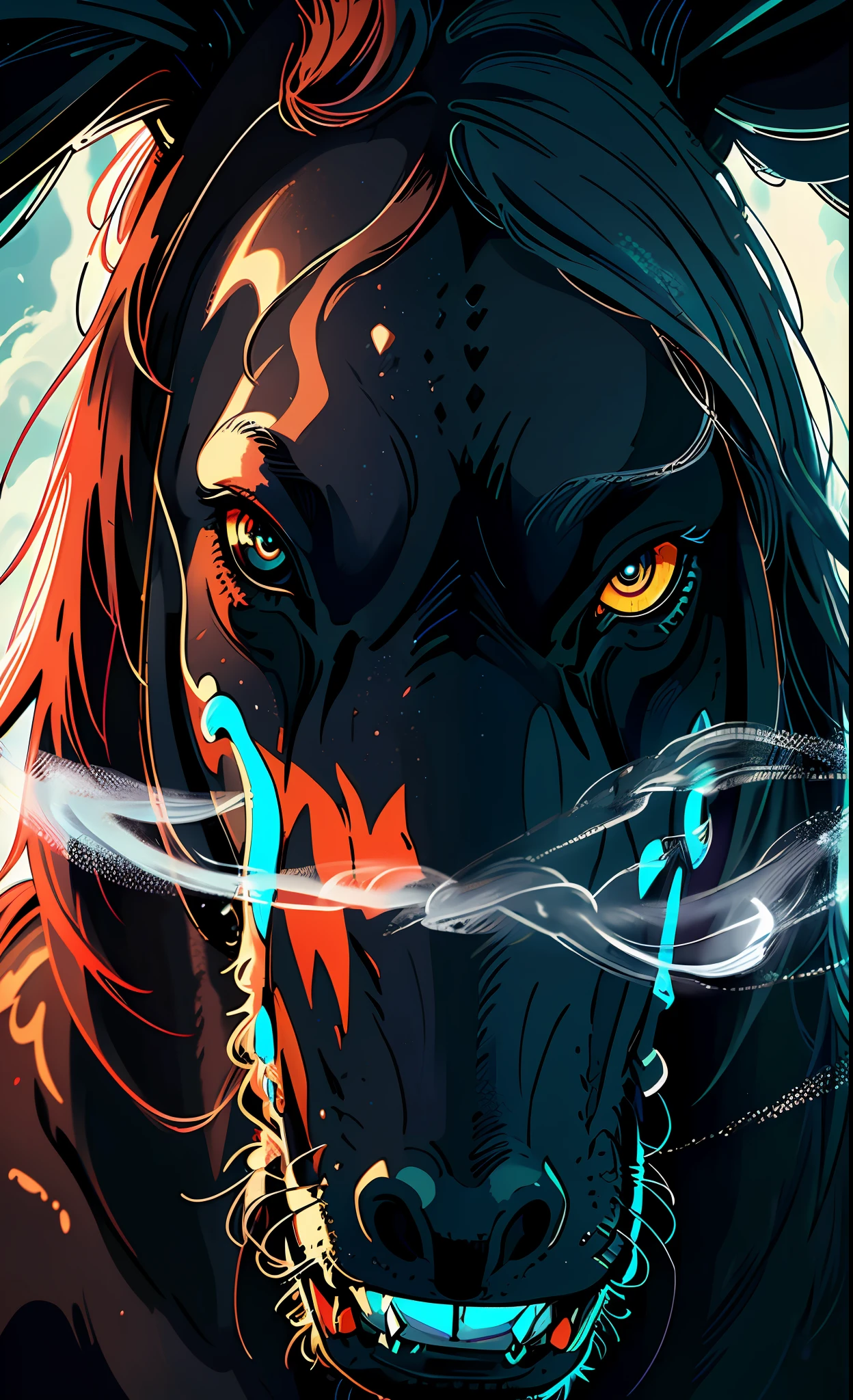 (Horse face: 1.3 + black clothes: 1.2), neon lights, smoke, deep sensory experience, tornado-like lines, deep, charming, eerie colors and hints intertwined. (masterpiece: 1.2+best quality+ultra-detailed+extremely detailed CG unity 8k wallpaper) to create an extraordinary immersive experience that unfolds in front of your eyes.