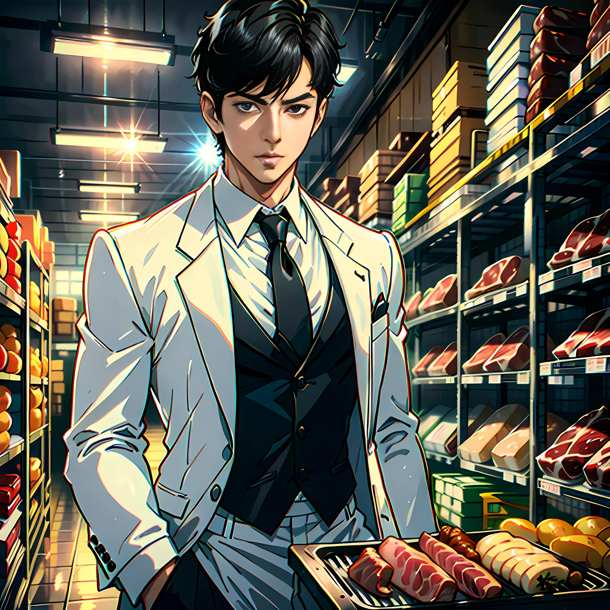 There is a handsome boy with a face super detailed, white suit, short black hair, black eyes, character super detail, in the warehouse, it is full of meat, meat, fresh meat, highly real, 4K, chiaroscuro, super high detail
