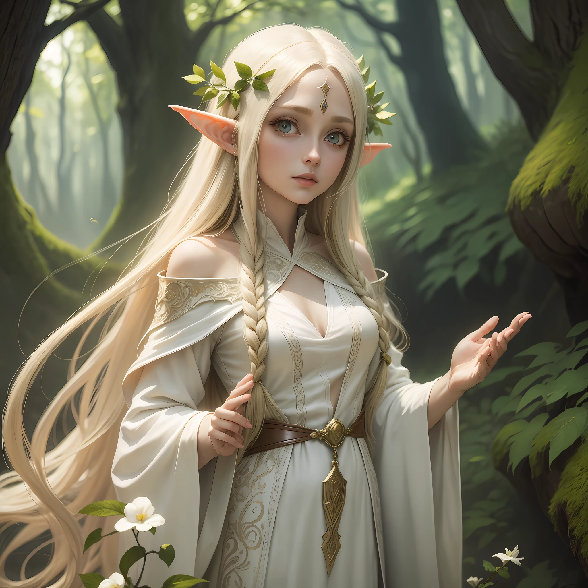 Light blonde long straight hair, maiden elf druid, wearing a white robe, fairy air, big eyes