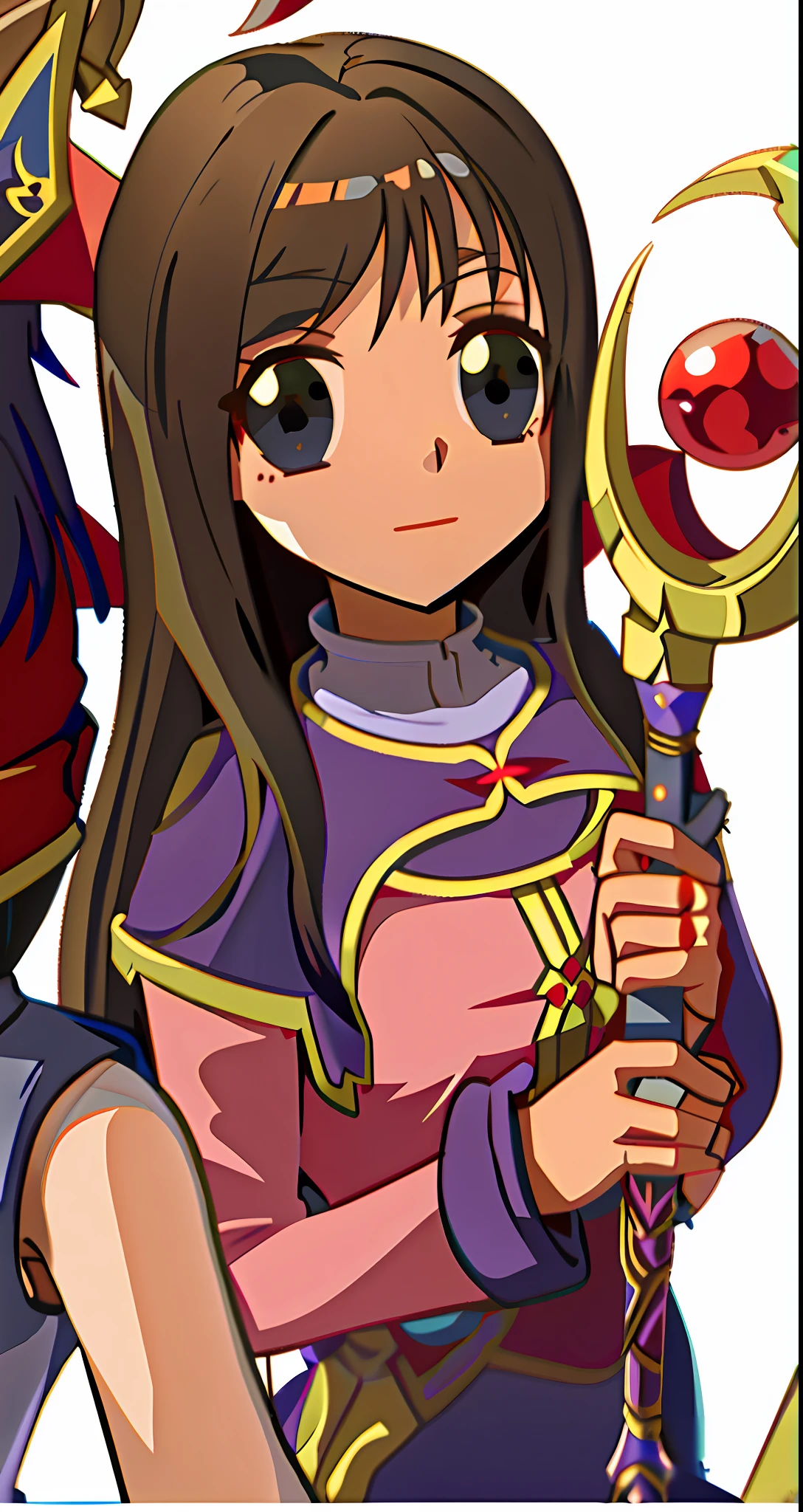 anime characters with a sword and a woman with a red hat, natalie from epic battle fantasy, portrait knights of zodiac girl, maya fey from ace attorney, knights of zodiac girl, jrpg character art, holding a scepter, black - haired mage, crisp clear rpg portrait, scepter, rei hino as a princess, misato katsuragi, jrpg character