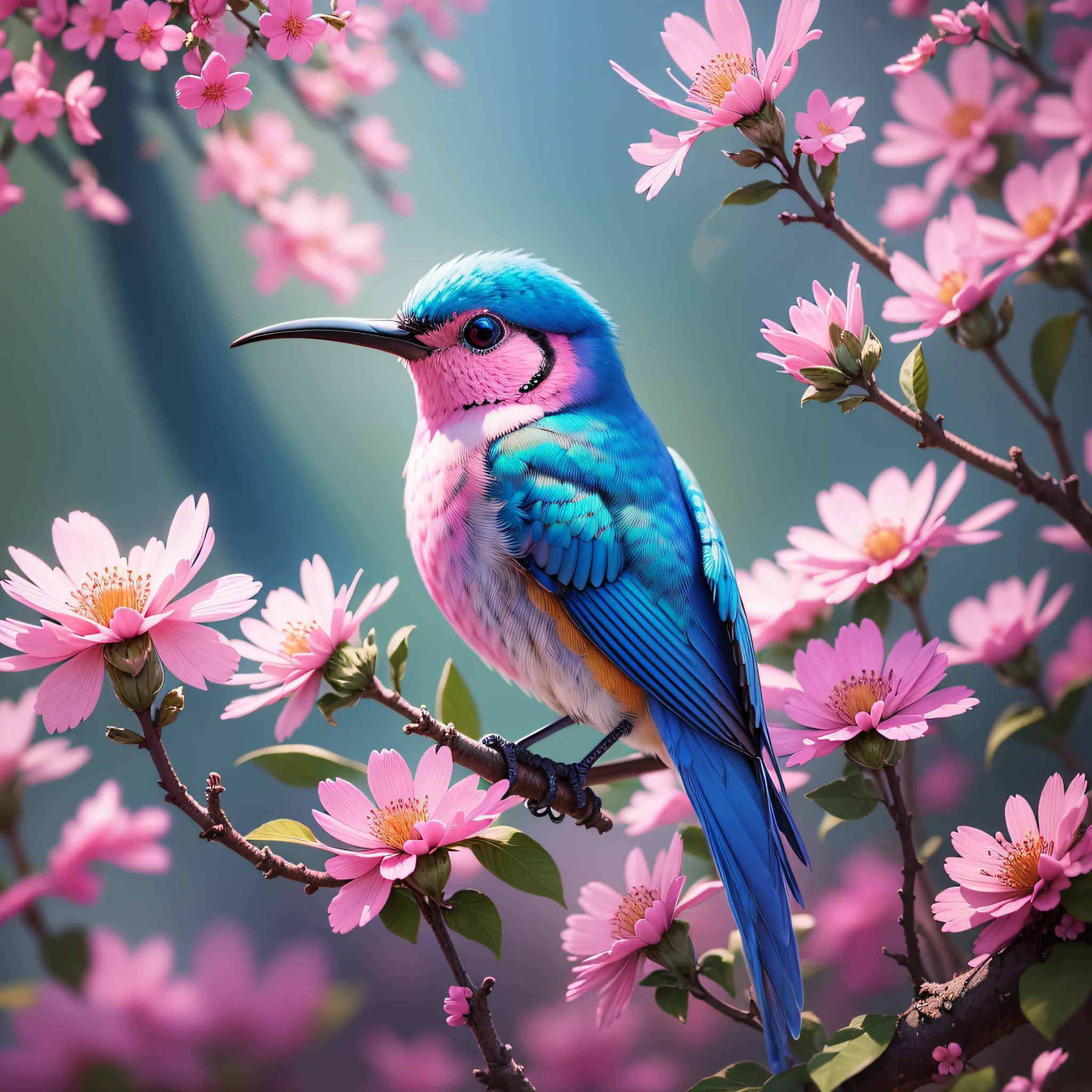 there is a blue bird sitting on a flower with pink flowers, beautiful nature, colorful hd picure, colorful birds, blue and pink colors, beautiful colorful, mobile wallpaper, beautiful wallpaper, canvas print, details and vivid colors, beautiful and colorful, colorful picture, pink and blue colors, beatiful backgrounds, hummingbird, colorful bird with a long, nature photo --auto --s2