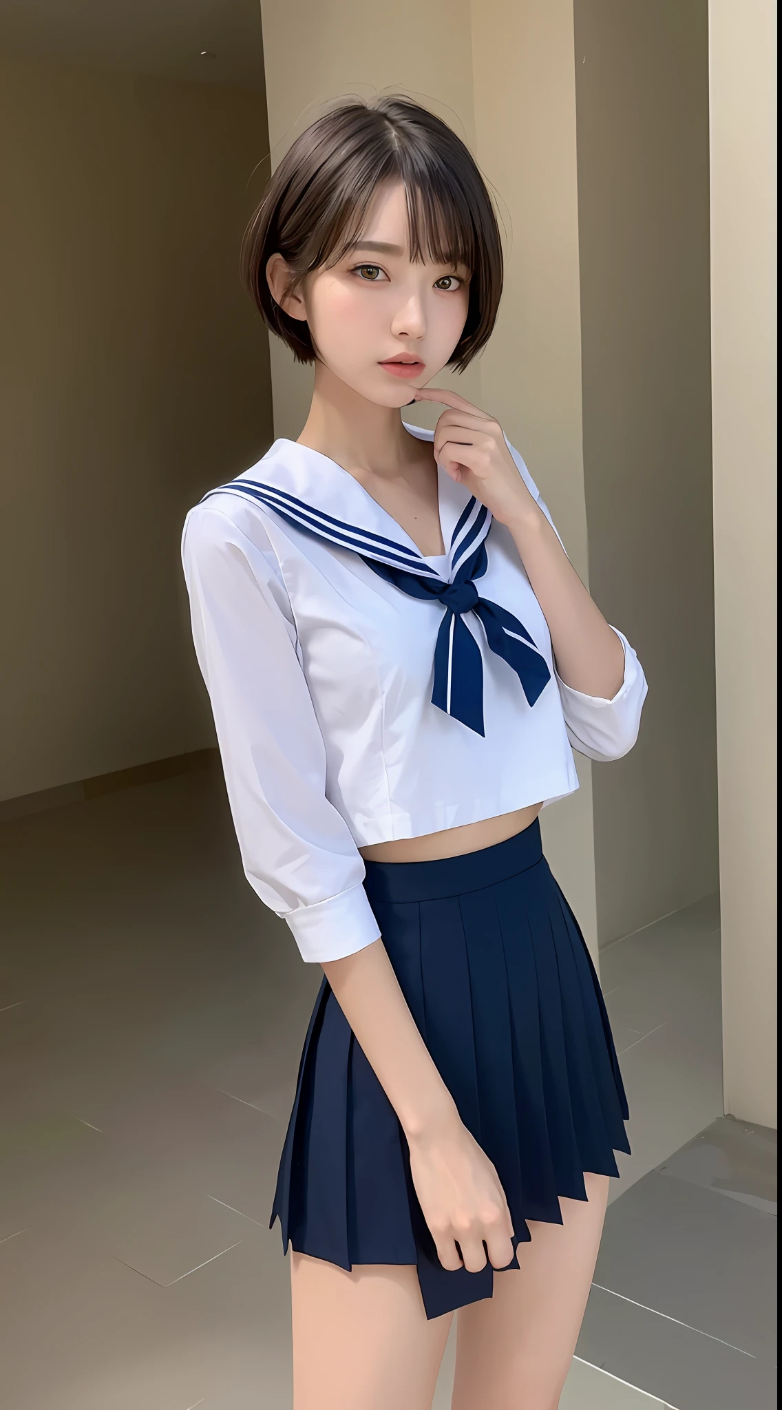 ((top quality, 8k, masterpiece: 1.3)), 1 girl, beauty with slender abs: 1.3, (medium short hair, big: 1.2), sailor suit: 1.1, ultra detailed face, detailed eyes, double eyelids, black pleated skirt, full body, navel