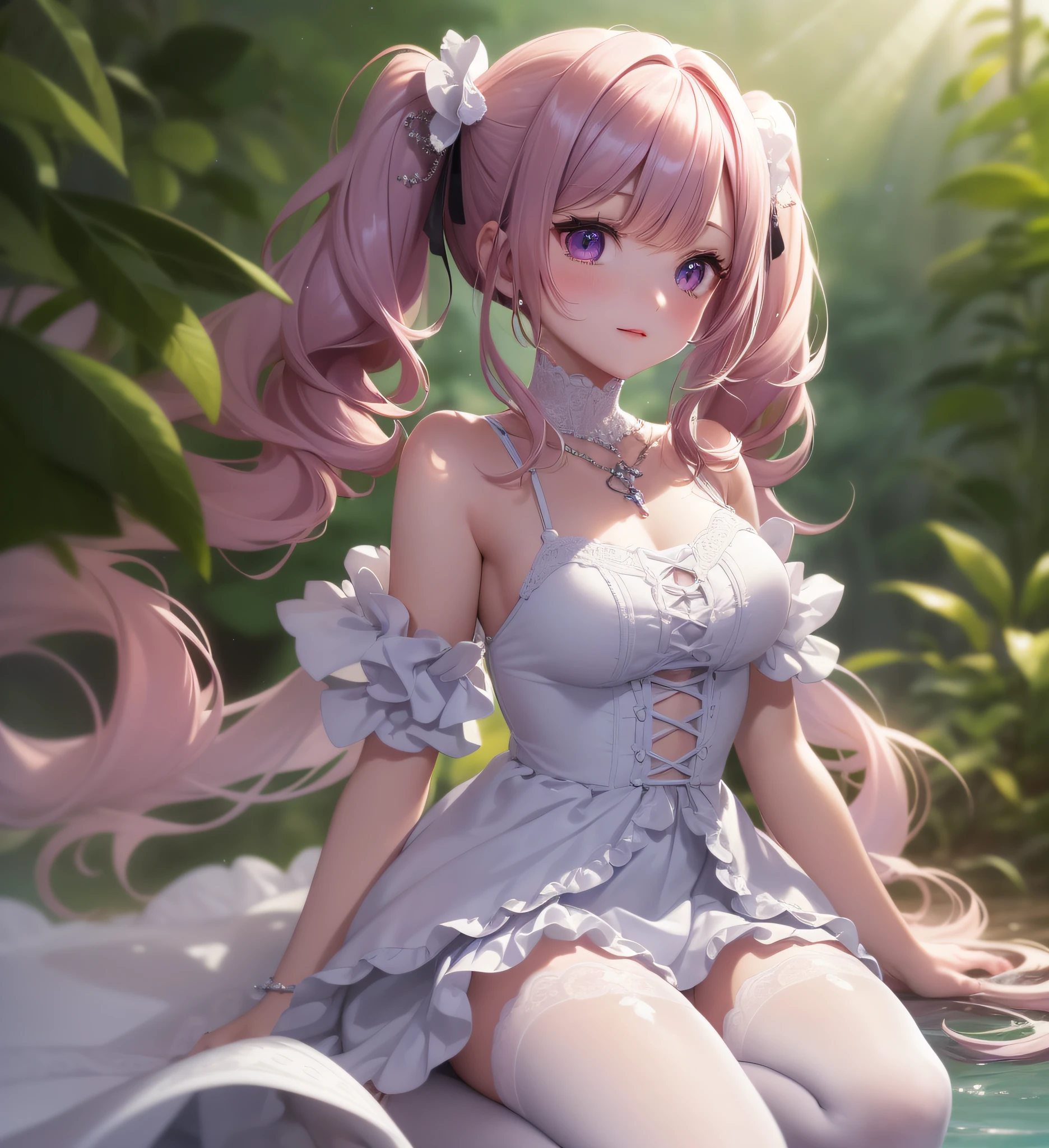 , straddling,,,medium hair, (magenta), blunt bangs, (twintails: 1.3), purple eyes, light smile, (full body), loli, (cute face: 1.5), solo, (white dress: 1.3), (white pantyhose: 1.3), lace-up heels, necklace, hairpin, (mini girl: 1.3), dynamic angle, floating, frills, painting, depth of field, Natural, beautiful meticulous girl, extremely detailed eyes and face, beautiful detailed eyes, detailed light, cinematic lighting, lens flare, light leakage, sunlight , shine , beautiful detail glow, ridiculous, incredibly ridiculous, huge file size , super detailed, high resolution, extremely detailed, best quality , masterpiece, illustration, extremely delicate and beautiful, very detailed , CG ,unity ,8k wallpaper, amazing, fine detail, masterpiece, best quality, official art, extremely detailed CG Unity 8k wallpaper, studio lighting, high saturation, dramatic angle, reflected light, ray tracing, depth of field, outdoors, (14:1.3)