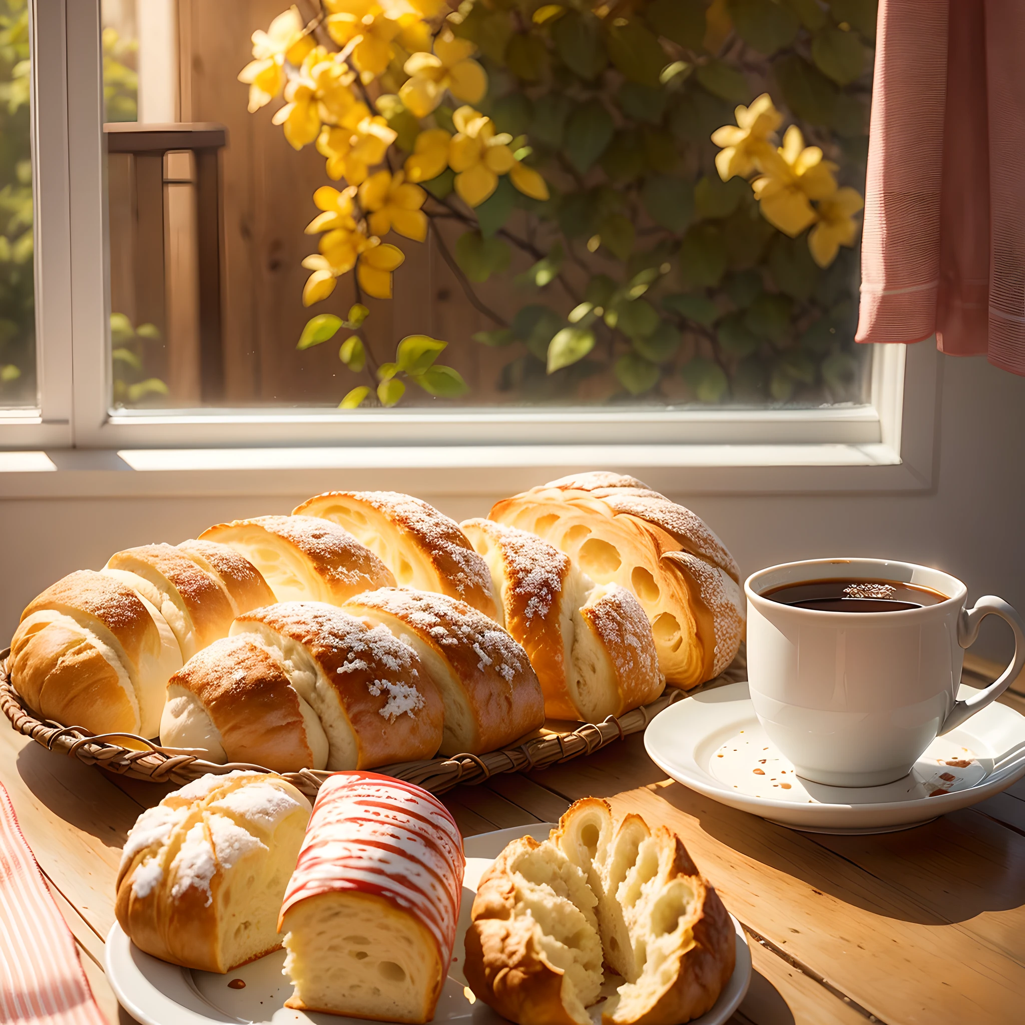 Watercolor, window, backlit, wooden table, red and white lattice tablecloth, a cup of coffee, a lot of bread on the table, there are croissants, butter buns, pineapple buns, baguettes, etc --auto --s2