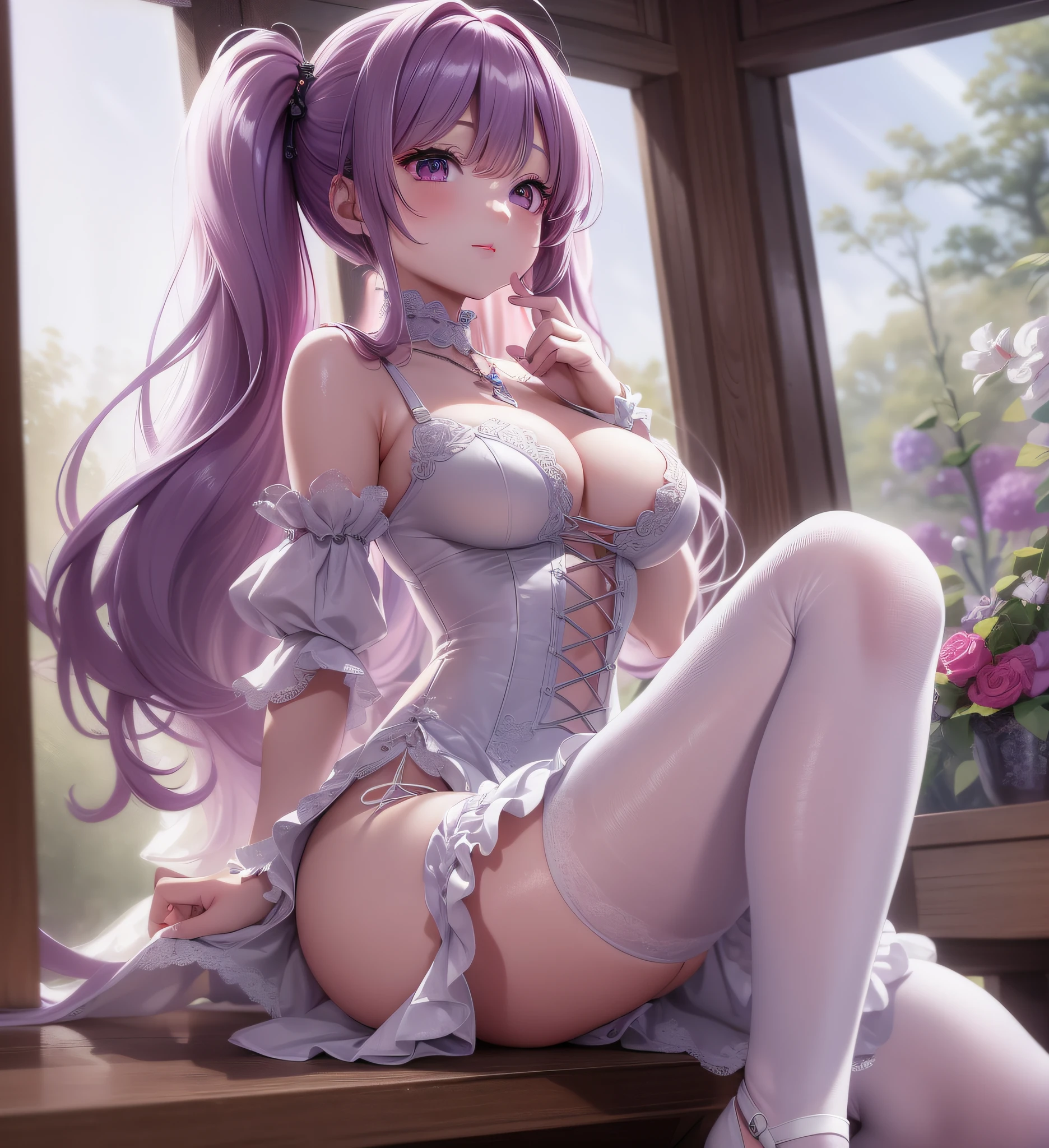 , straddling,,,medium hair, (magenta), blunt bangs, (twintails: 1.3), purple eyes, light smile, (full body), , (cute face: 1.5), solo, (white dress: 1.3), (white pantyhose: 1.3), lace-up heels, necklace, hairpin, (mini girl: 1.3), dynamic angle, floating, frills, painting, depth of field, Natural, beautiful meticulous girl, extremely detailed eyes and face, beautiful detailed eyes, detailed light, cinematic lighting, lens flare, light leakage, sunlight , shine , beautiful detail glow, ridiculous, incredibly ridiculous, huge file size , super detailed, high resolution, extremely detailed, best quality , masterpiece, illustration, extremely delicate and beautiful, very detailed , CG ,unity ,8k wallpaper, amazing, fine detail, masterpiece, best quality, official art, extremely detailed CG Unity 8k wallpaper, studio lighting, high saturation, dramatic angle, reflected light, ray tracing, depth of field, outdoors, (14:1.3)