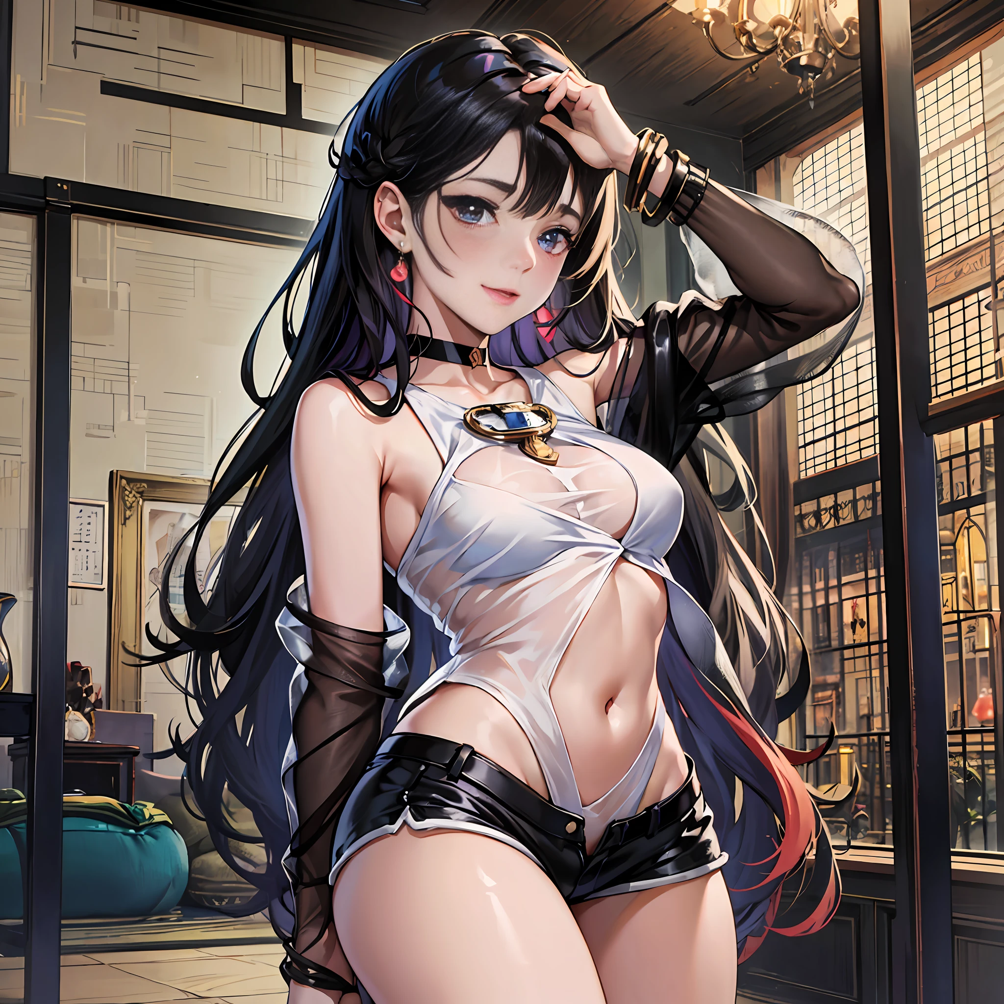 indoor, otaku room, female, bishoujo, blush, (light smile), (long hair), (black hair), (diagonal bangs), bracelet, choker, transparent clothes, bare_shoulders, short shorts, bare_legs, see-through legwear, standing, arms behind back, available light, masterpiece, best quality, official art, extremely detailed CG unity 8k wallpaper, highly detailed, absurdres, exquisite facial features, prefect face, shiny skin, 8k resolution, solo, lipstick, glowing eyes, Panorama --auto --s2