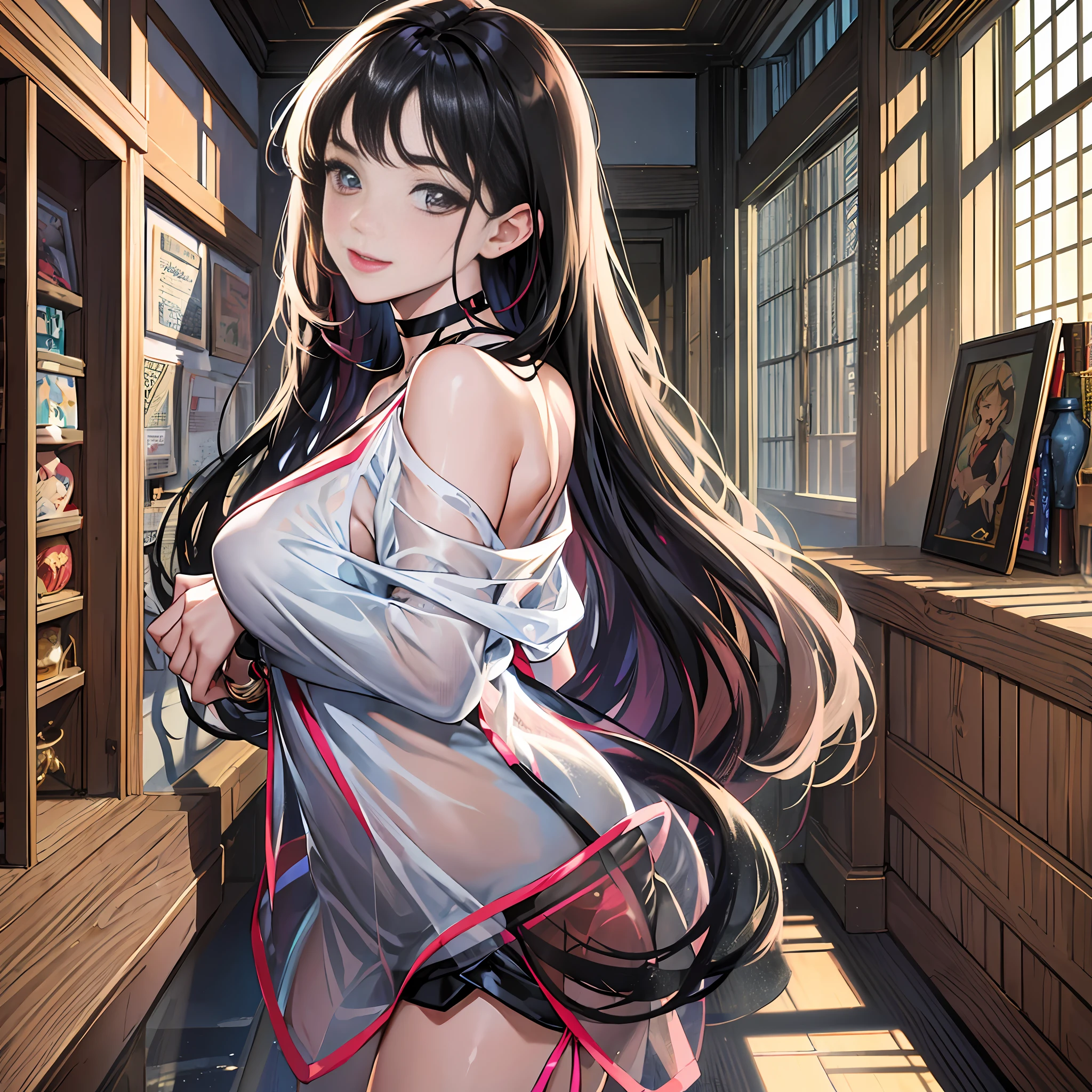 indoor, otaku room, female, bishoujo, blush, (light smile), (long hair), (black hair), (diagonal bangs), bracelet, choker, transparent clothes, bare_shoulders, short shorts, bare_legs, see-through legwear, standing, arms behind back, available light, masterpiece, best quality, official art, extremely detailed CG unity 8k wallpaper, highly detailed, absurdres, exquisite facial features, prefect face, shiny skin, 8k resolution, solo, lipstick, glowing eyes, Panorama --auto --s2