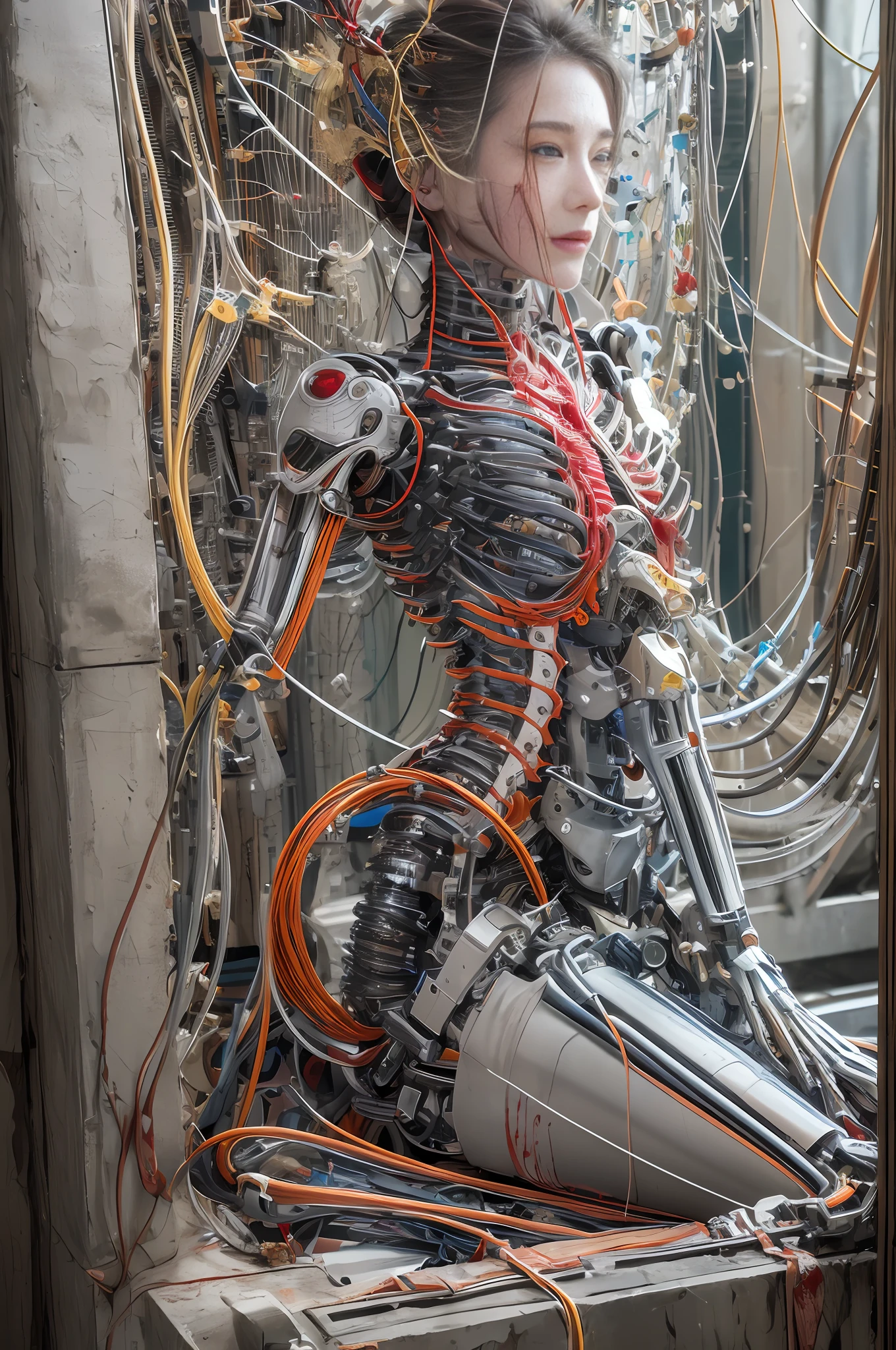(masterpiece, top quality, best quality, official art, beautiful and aesthetic:1.2), (1girl:1.3), extreme detailed,colorful,highest detailed ((ultra-detailed)), (highly detailed CG illustration), ((an extremely delicate and beautiful)),(from side),cinematic light,((1mechanical girl)),solo,full body,(machine made joints:1.2),((machanical limbs)),(blood vessels connected to tubes),(mechanical vertebra attaching to back),((mechanical cervial attaching to neck)),(sitting),expressionless,(wires and cables attaching to neck:1.2),(wires and cables on head:1.2)(character focus),science fiction,white background,(blood:1.5)