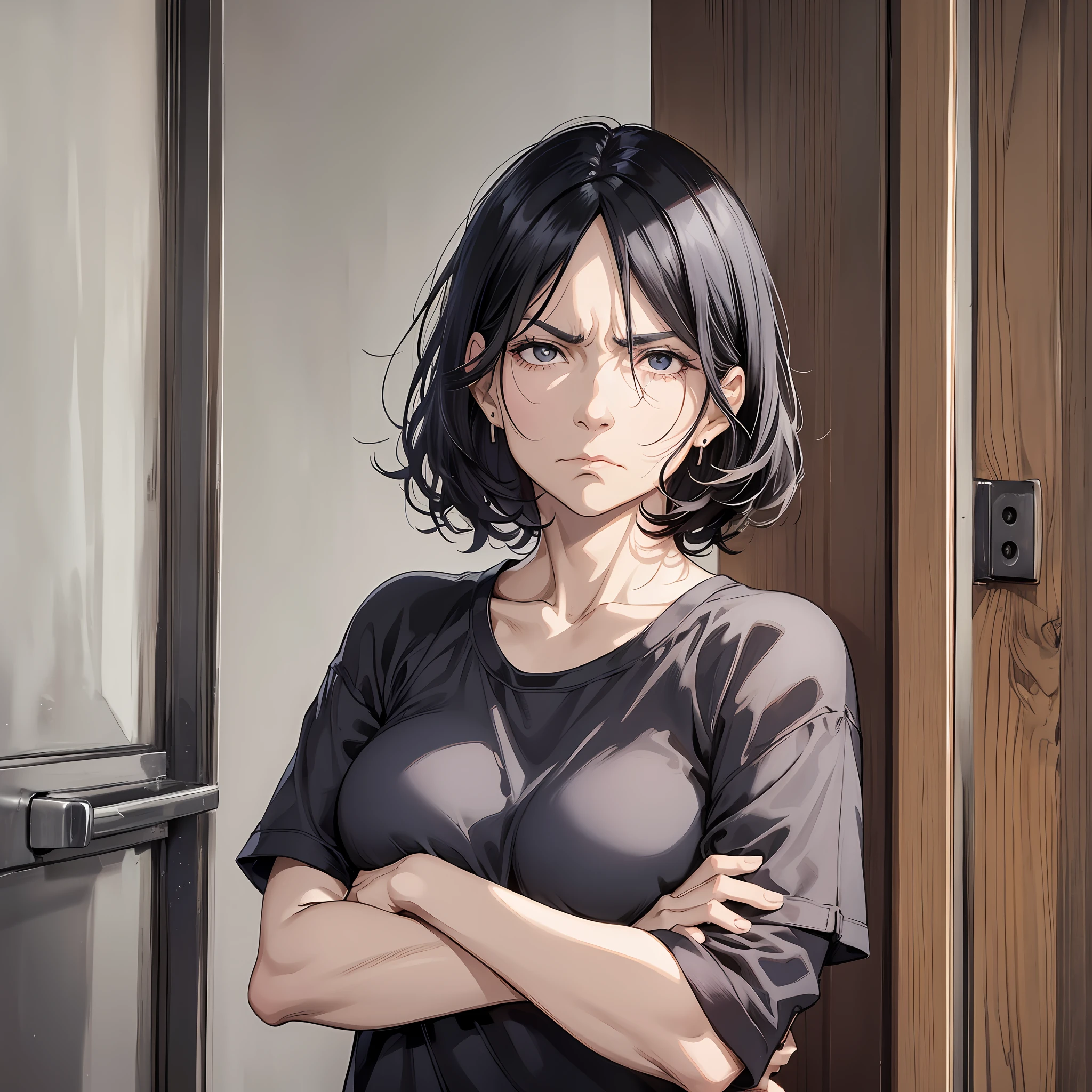 A middle-aged woman, with black hair, wrinkles, a disdainful expression, a serious expression, contempt, impatience, crossed arms, outside the door of the room