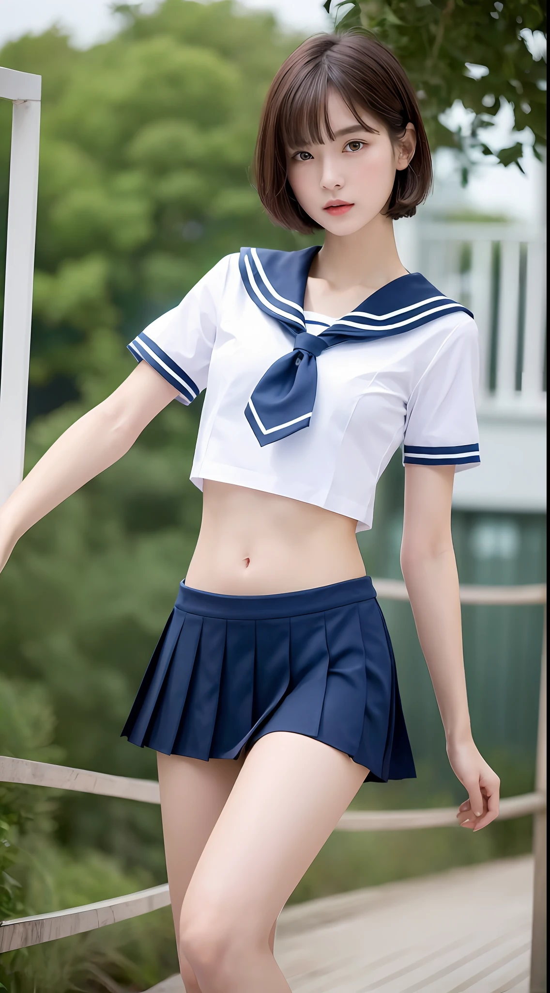 ((top quality, 8k, masterpiece: 1.3)), 1 girl, beauty with slender abs: 1.3, (medium short hair, big: 1.2), sailor suit: 1.1, ultra detailed face, detailed eyes, double eyelids, black pleated skirt, full body, navel