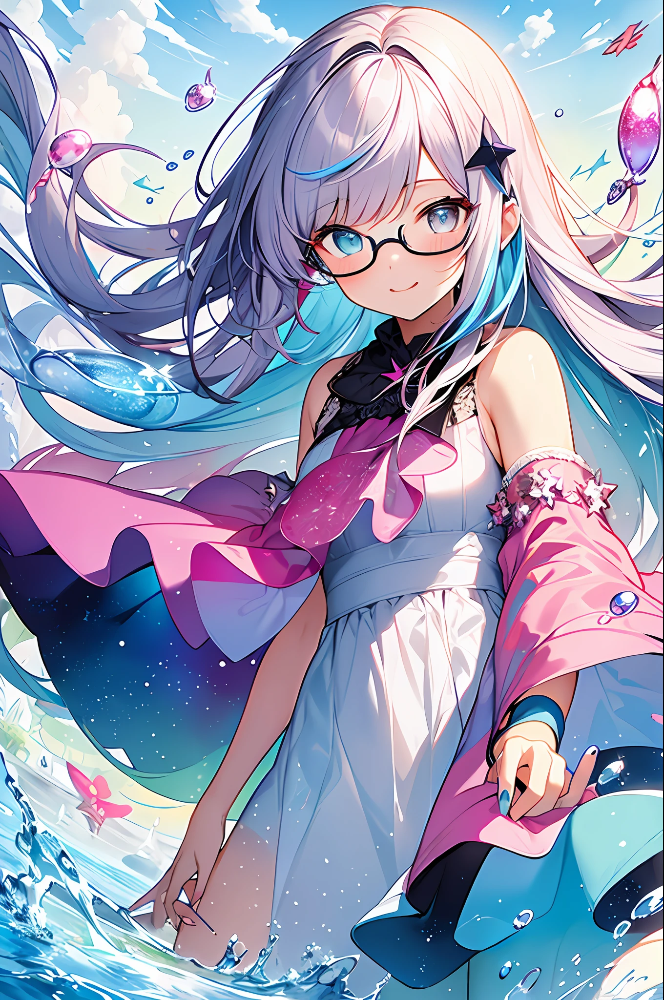 (Masterpiece, Best Quality, Best Quality, Watercolor (Medium), Official Art, Beautiful and Aesthetic: 1.2), (1 Girl: 1.3), (Fractal Art: 1.3), Full Body, Star-shaped Pupil, Viewer's Look, Pattern, (Iridescent Hair, Colorful Hair, Half Blue and Half Pink Hair: 1.2), Water, Liquid, Clouds, Colorful, Starry Sky, Stars, Smile, Glasses, Close-up, Heterochromia, (Colorful: 1.5)