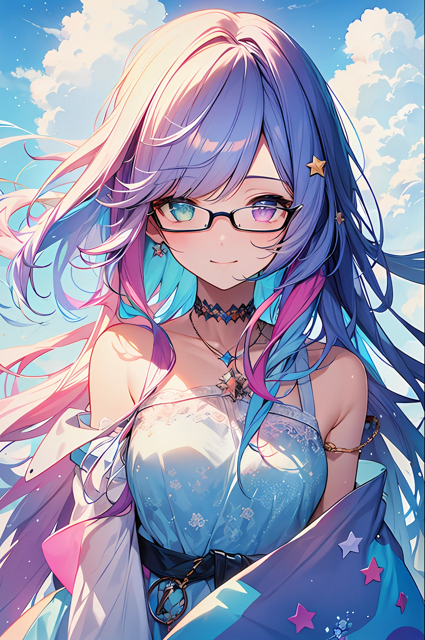 (Masterpiece, Best Quality, Best Quality, Watercolor (Medium), Official Art, Beautiful and Aesthetic: 1.2), (1 Girl: 1.3), (Fractal Art: 1.3), Full Body, Star-shaped Pupil, Viewer's Look, Pattern, (Iridescent Hair, Colorful Hair, Half Blue and Half Pink Hair: 1.2), Water, Liquid, Clouds, Colorful, Starry Sky, Stars, Smile, Glasses, Close-up, Heterochromia, (Colorful: 1.5)