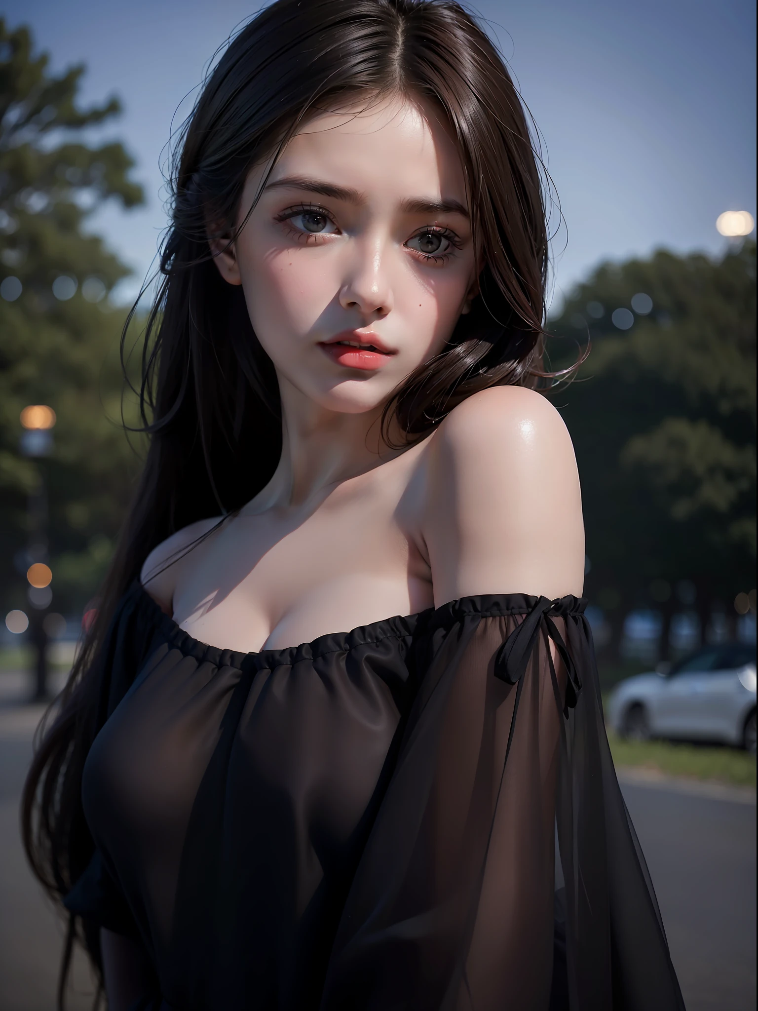 Best quality, masterpiece, ultra high res, (photorealistic:1.4), raw photo, 1girl, offshoulder, in the dark, deep shadow, low key, cold light,in a park