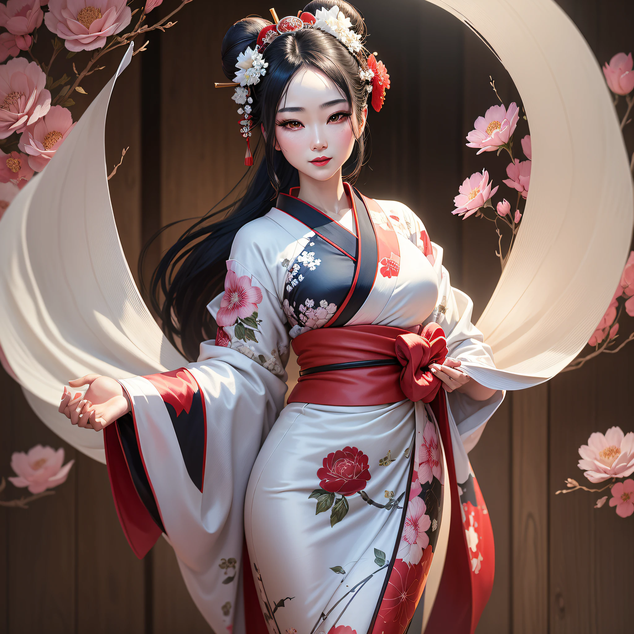 a geisha in an oil painting, combining elements of poetic realism and impressionism. The geisha is depicted with smooth movements and blurring effects, creating an ethereal feel.
It's a young, beautiful woman, black hair tied up in a tall bun adorned with roses. Her fair skin contrasts with the characteristic makeup: white face, red lips and slightly outlined eyes. His gaze is enigmatic and sweet.
Dressed in a soft floral silk kimono in shades of pink, blue, the geisha displays elegance in her movements. A red obi wraps around his waist, standing out in the composition. She wears white socks and wooden sandals called zori.
In his right hand, he holds an open fan with the same pattern as the kimono. His subtle smile reveals aligned, white teeth. The background of the image is a solid color, creating contrast. The soft light comes from the left, illuminating her face and kimono, creating shadows and reflections.
This image captures the singular beauty of the geisha, blending poetic realism with the style of Gerhard Richter. It is a tribute to the tradition and serenity of the geisha, transporting the viewer to a charming world. --auto --s2