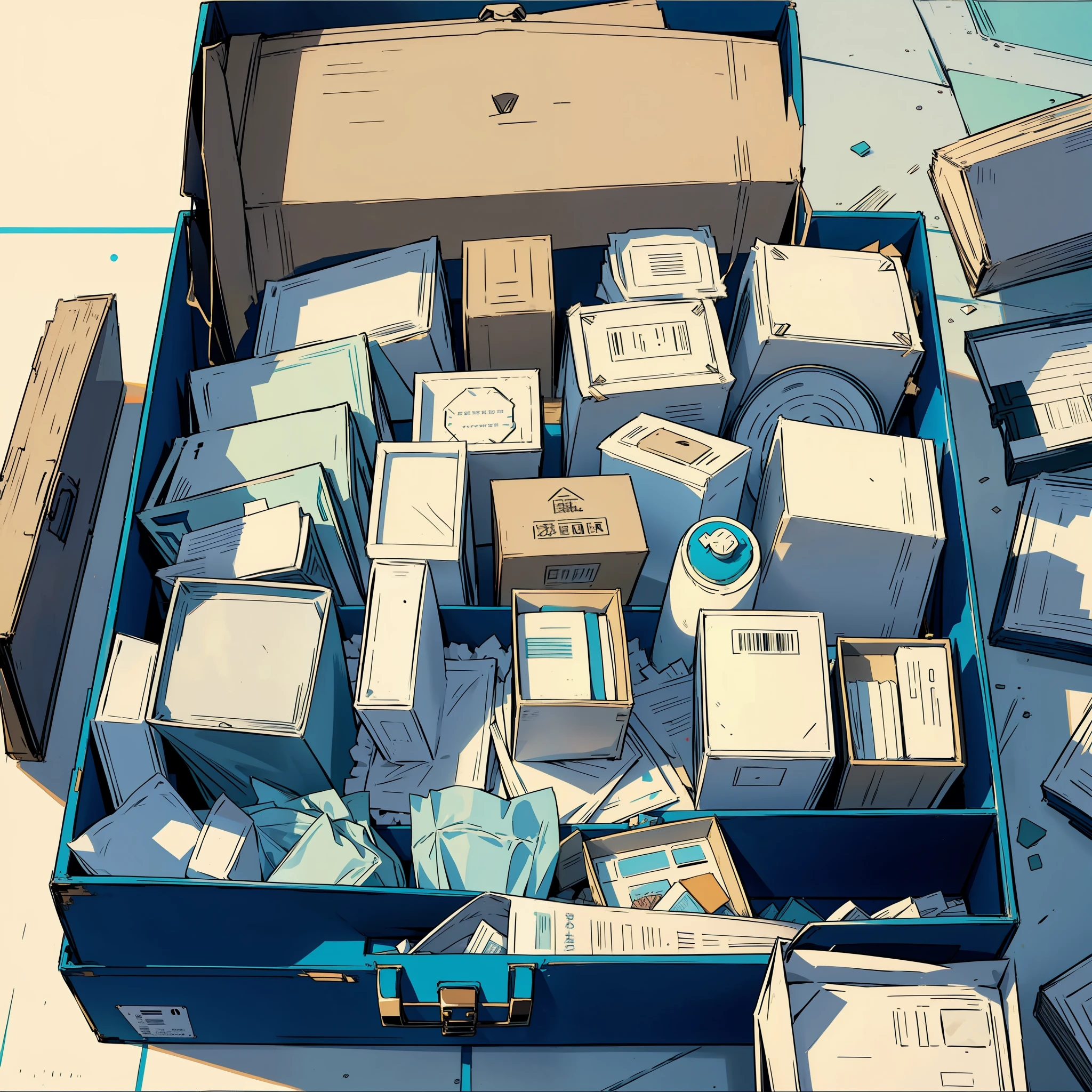 Box of goods The small white bags inside are neatly arranged