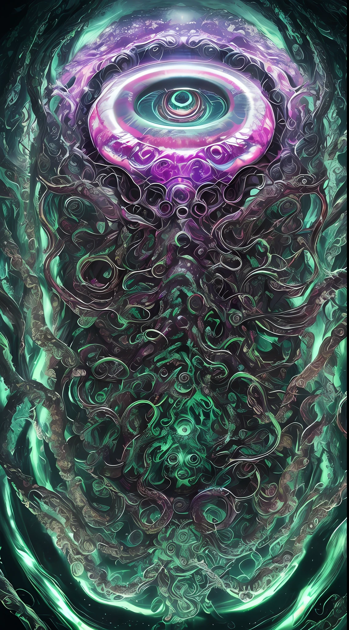 HP Lovecraft, Cthulhu, tentacles, God, many inner dark cells and seals, brain organs intestines inside, wet oiled fiber glossy colorful surface, hyper detailed, artstation, eyes, super mind, (eyes of fear and pain starring the camera: 1.5) MULTICOLOR
