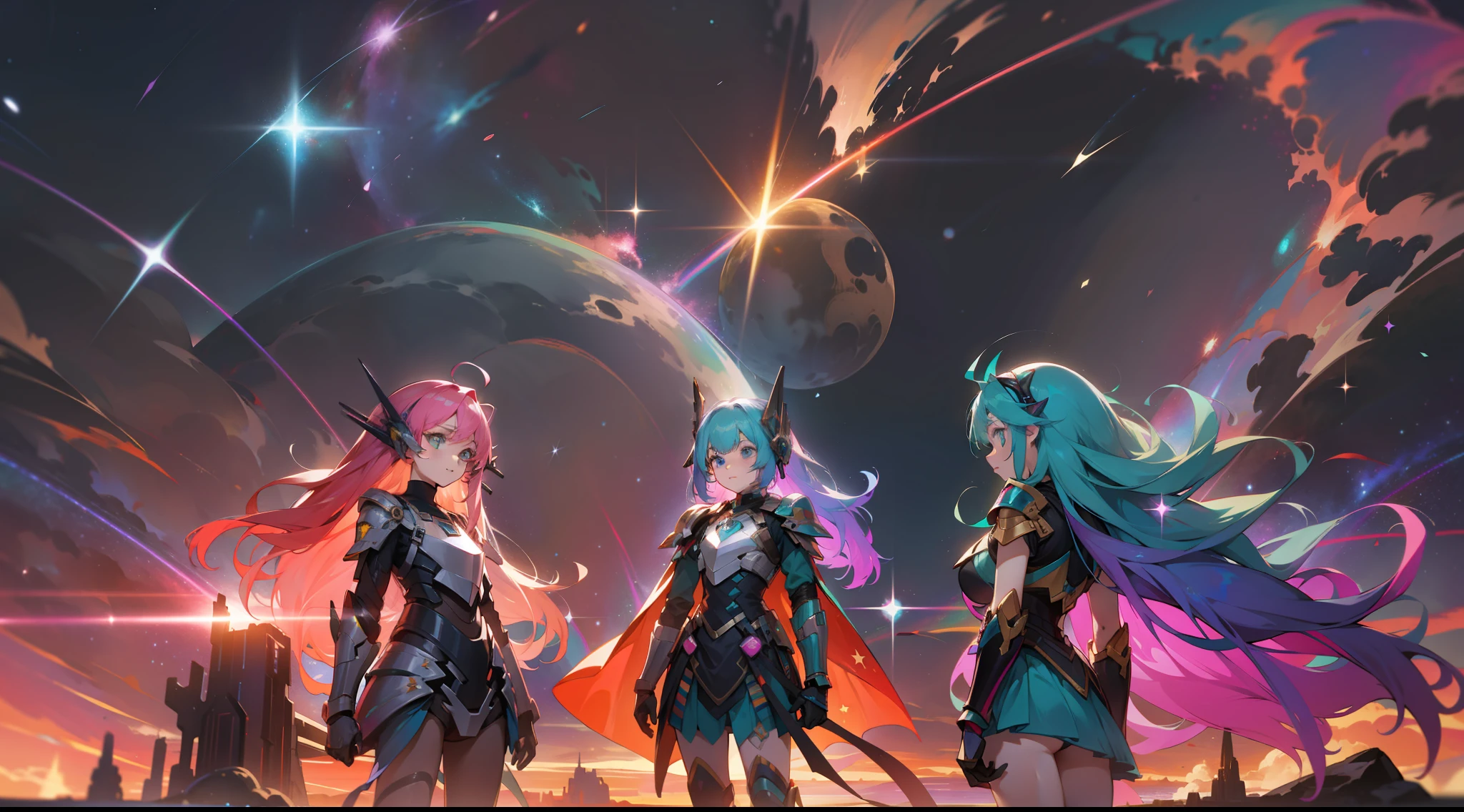 girls with rainbow colored hair and teal dress armor, standing, rainbow colored cosmic nebula background, stars, galaxies