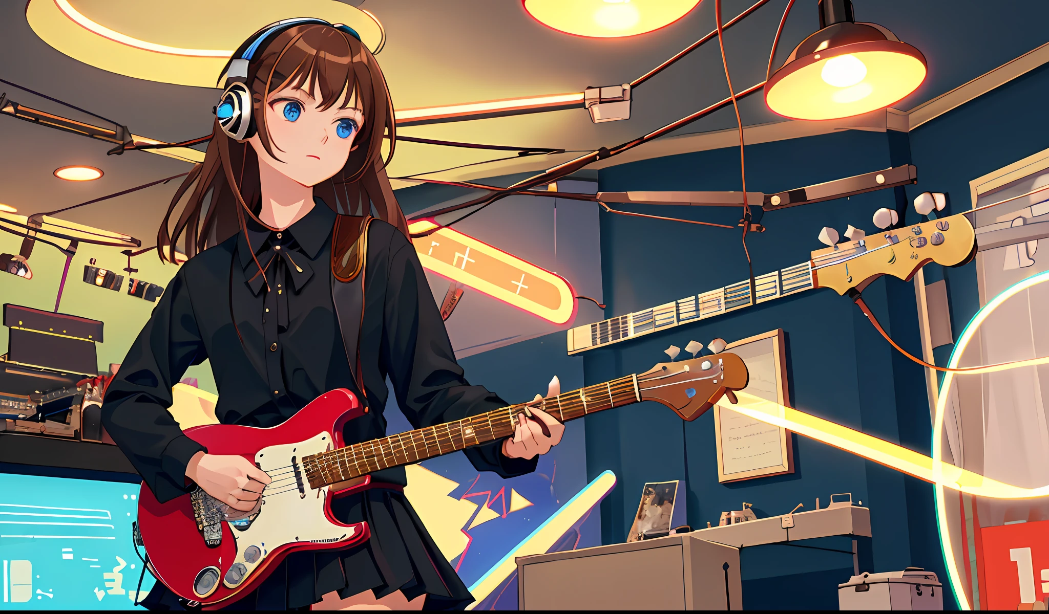 (Masterpiece, top quality) 1 girl, musical instrument shop, solo, black skirt, blue eyes, electric guitar, guitar, headphones, holding, plectrum, musical instrument, long hair, music, one side up, brown hair, guitar playing, pleated skirt, black shirt, indoor