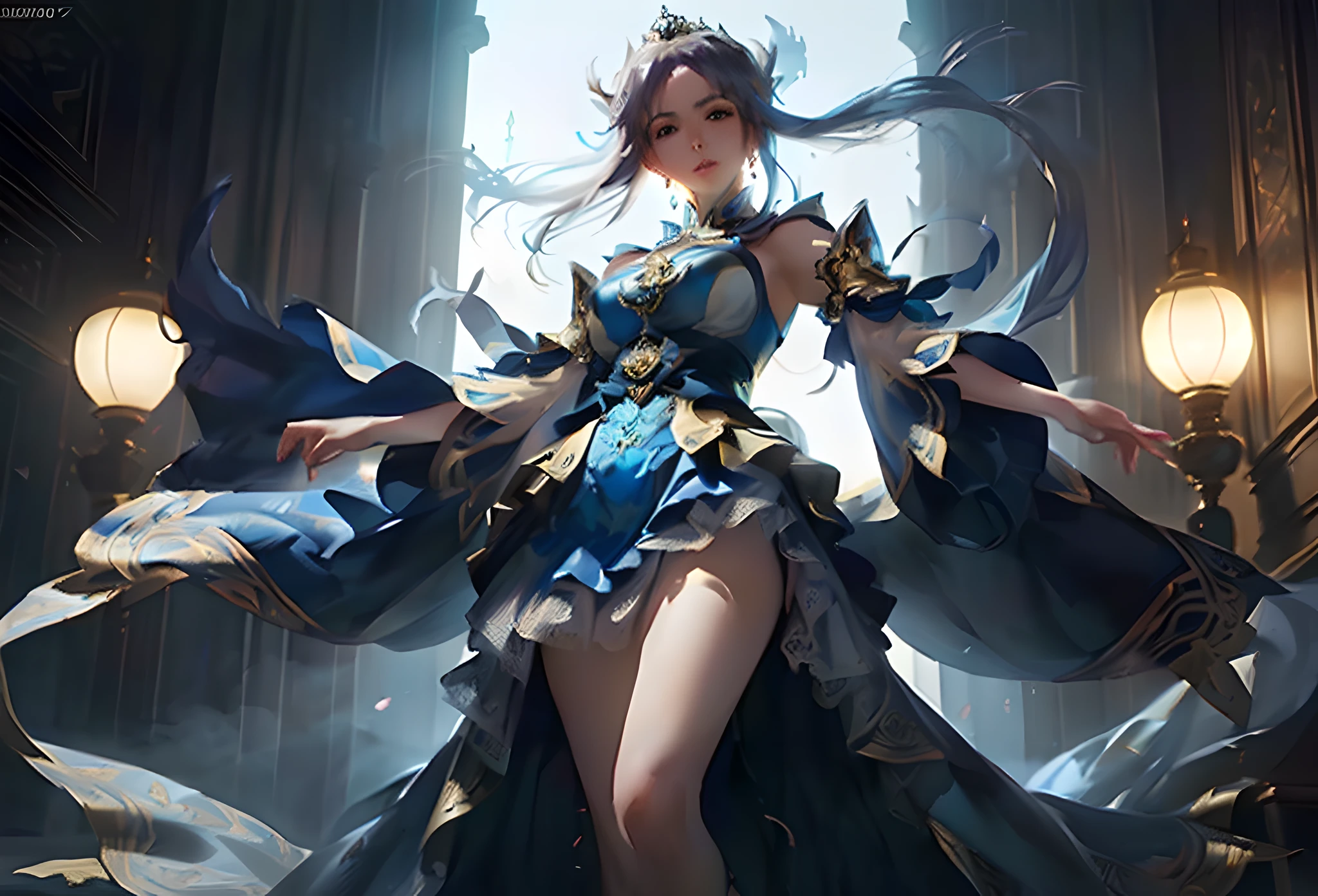 a woman in a blue dress and a crown is standing in a room, by Yang J, ig model | artgerm, wlop and ross tran, artgerm and ruan jia, wlop | artgerm, ruan jia and artgerm, style of artgerm, extremely detailed artgerm, artgerm lau