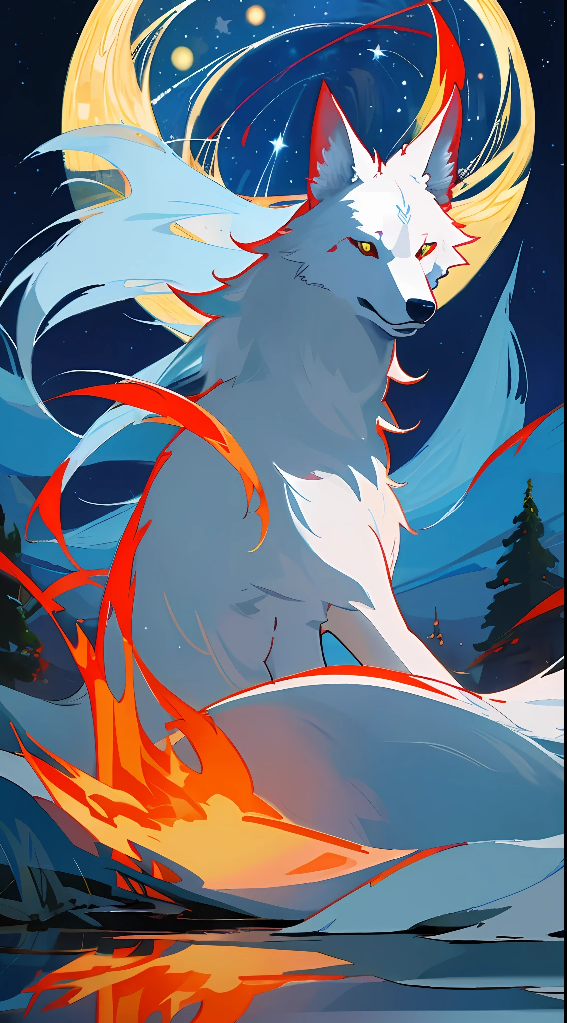 "((masterpiece)), better quality, ultra-detonated details, high-definition illustration, majestic depiction of the white and red wolf Okami, moonlight reflected in his coat, in the starry night, subtle lights illuminating the forest around him."