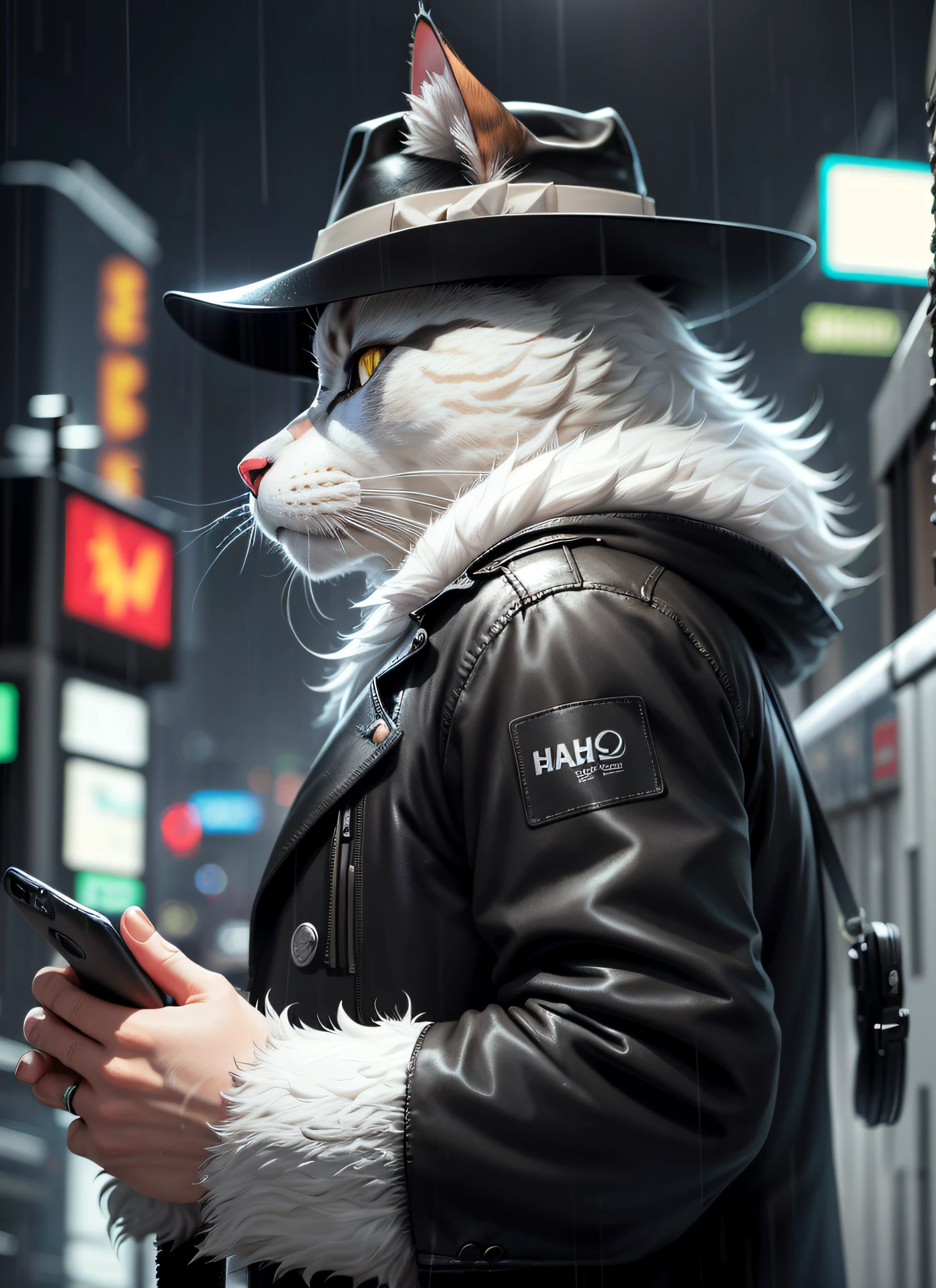 (close-up on face)), ((side view, cinematic)), (furry:1.2), (hairy anthropomorphic cat looking at a cell phone, fedora hat, long coat), (white cat), ((heavy rain)), in the background cyberpunk buildings, ((cat hand))((furry hand)), you can see the drops falling on the tip of the fedora hat, ((it's dark, the glare of the phone reflects on the face)), from side