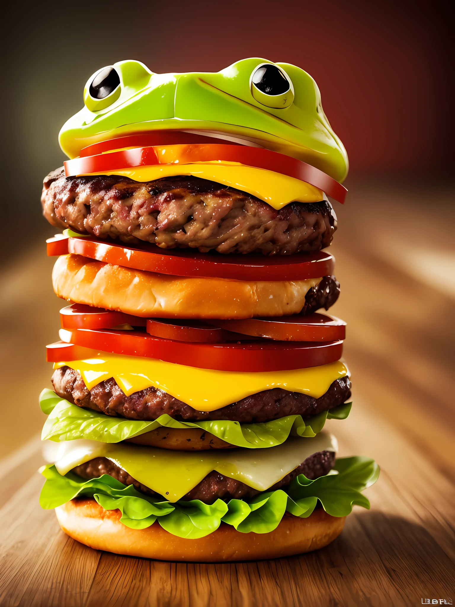 A burger falling in pieces juicy, happy frog, tasty, hot, promotional photo, intricate details, hdr, cinematic, adobe lightroom, highly detailed