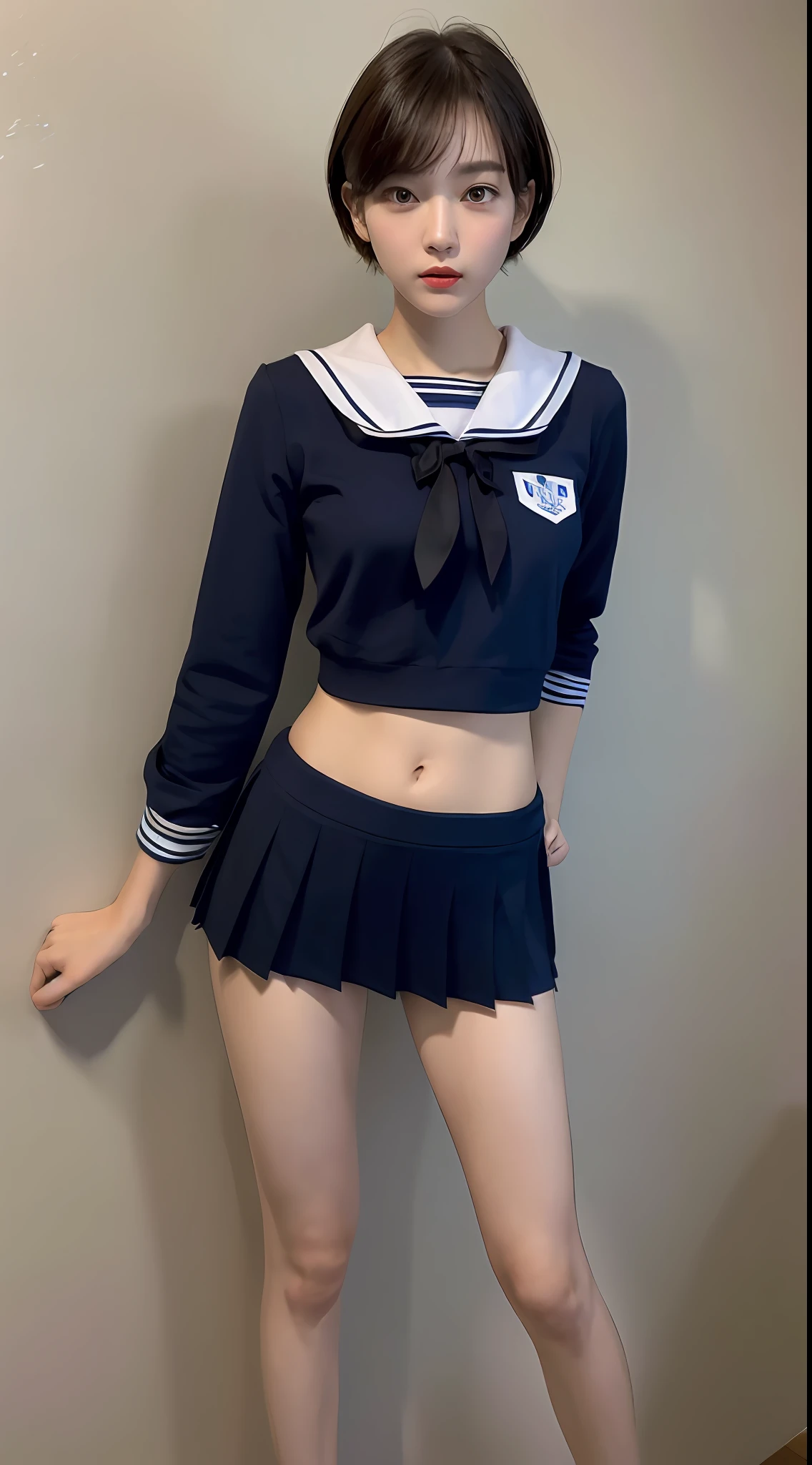 ((top quality, 8k, masterpiece: 1.3)), 1 girl, beauty with slender abs: 1.3, (medium short hair, big: 1.2), sailor suit: 1.1, ultra detailed face, detailed eyes, double eyelids, black pleated skirt, full body, navel