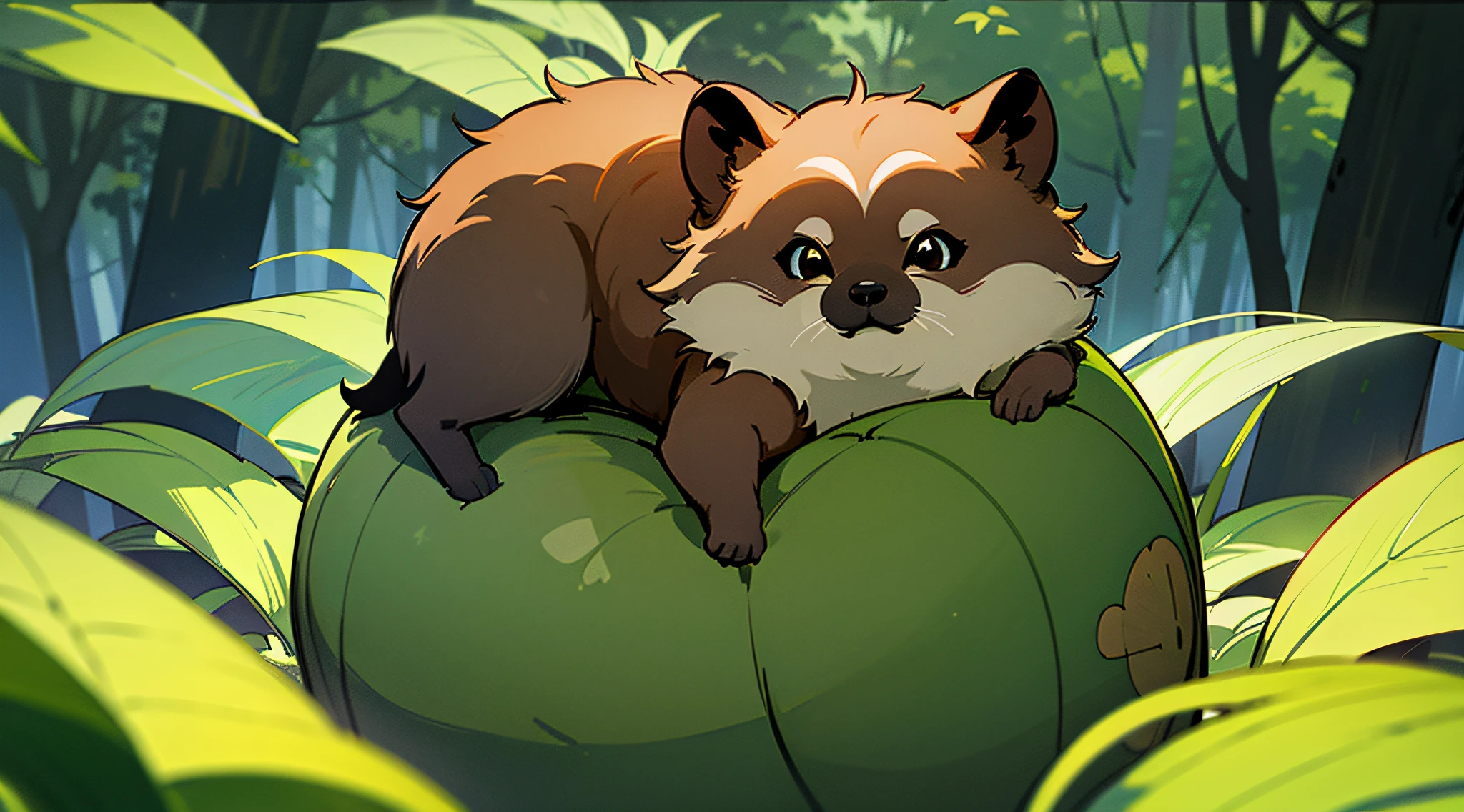 ((High Quality)) (Masterpiece) 8K, Green Tanuki, In the Forest