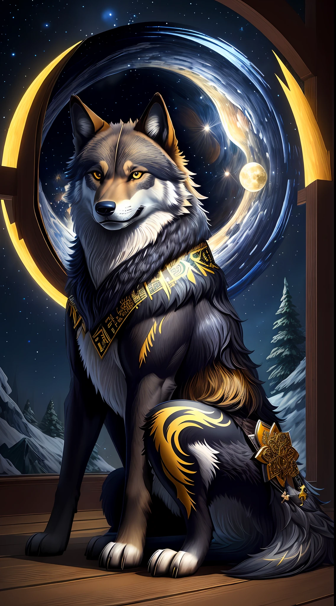 "((masterpiece)), better quality, ultra-detonated details, high-definition illustration, majestic depiction of the black and yellow wolf, Okami, moonlight reflected in his coat, in the starry night, subtle lights illuminating the forest around him."