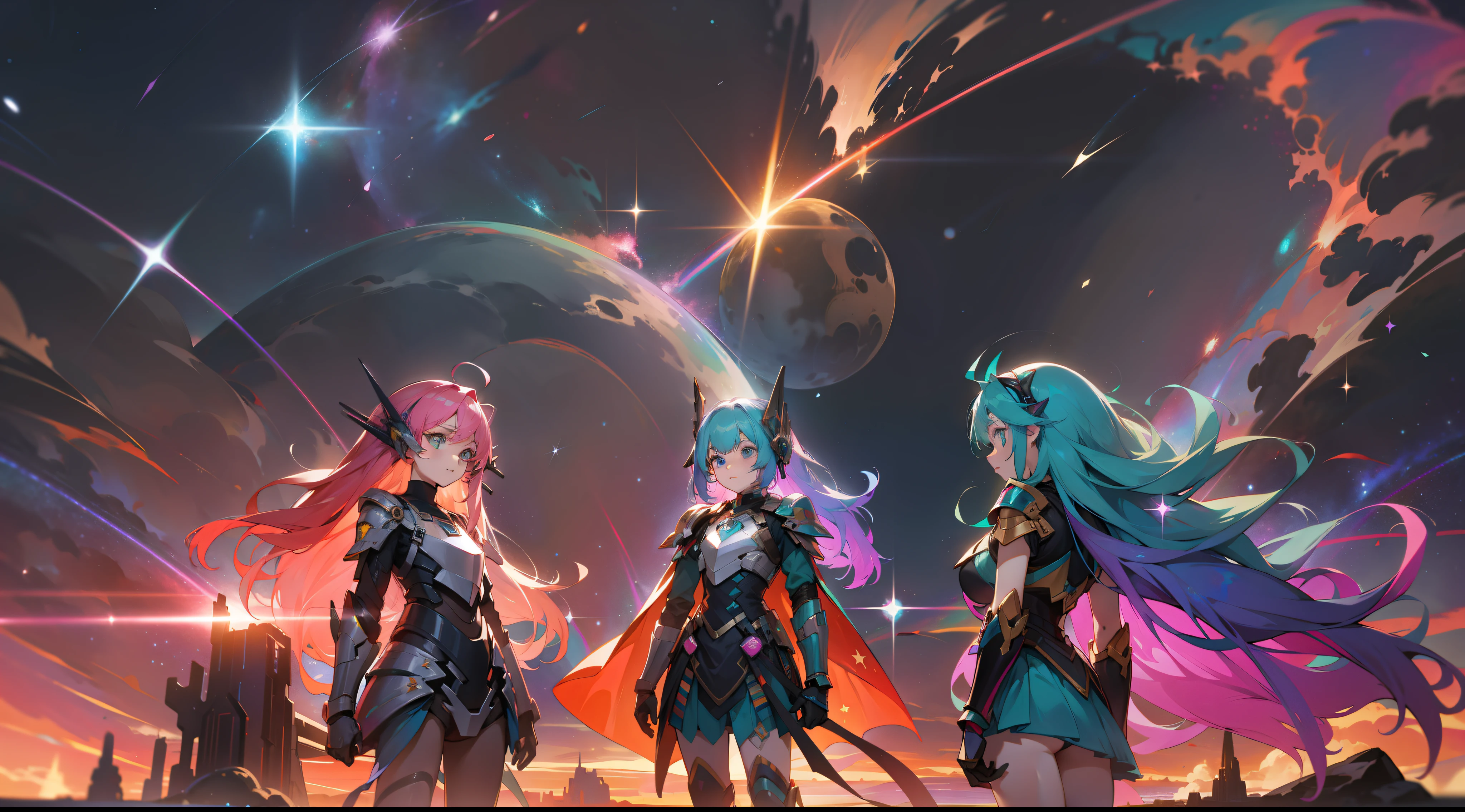girls with rainbow colored hair and teal dress armor, standing, rainbow colored cosmic nebula background, stars, galaxies
