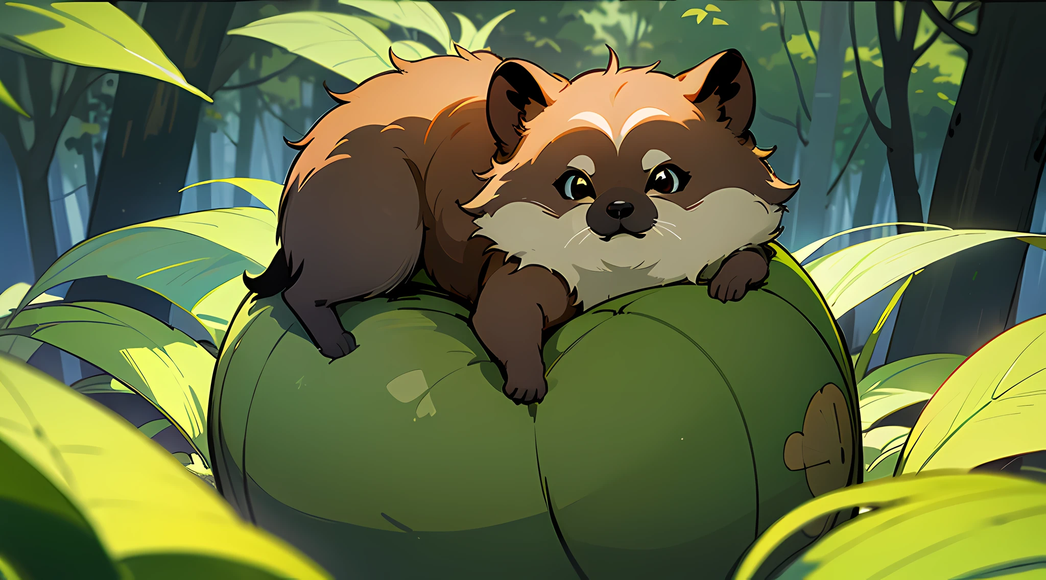 ((High Quality)) (Masterpiece) 8K, Green Tanuki, In the Forest