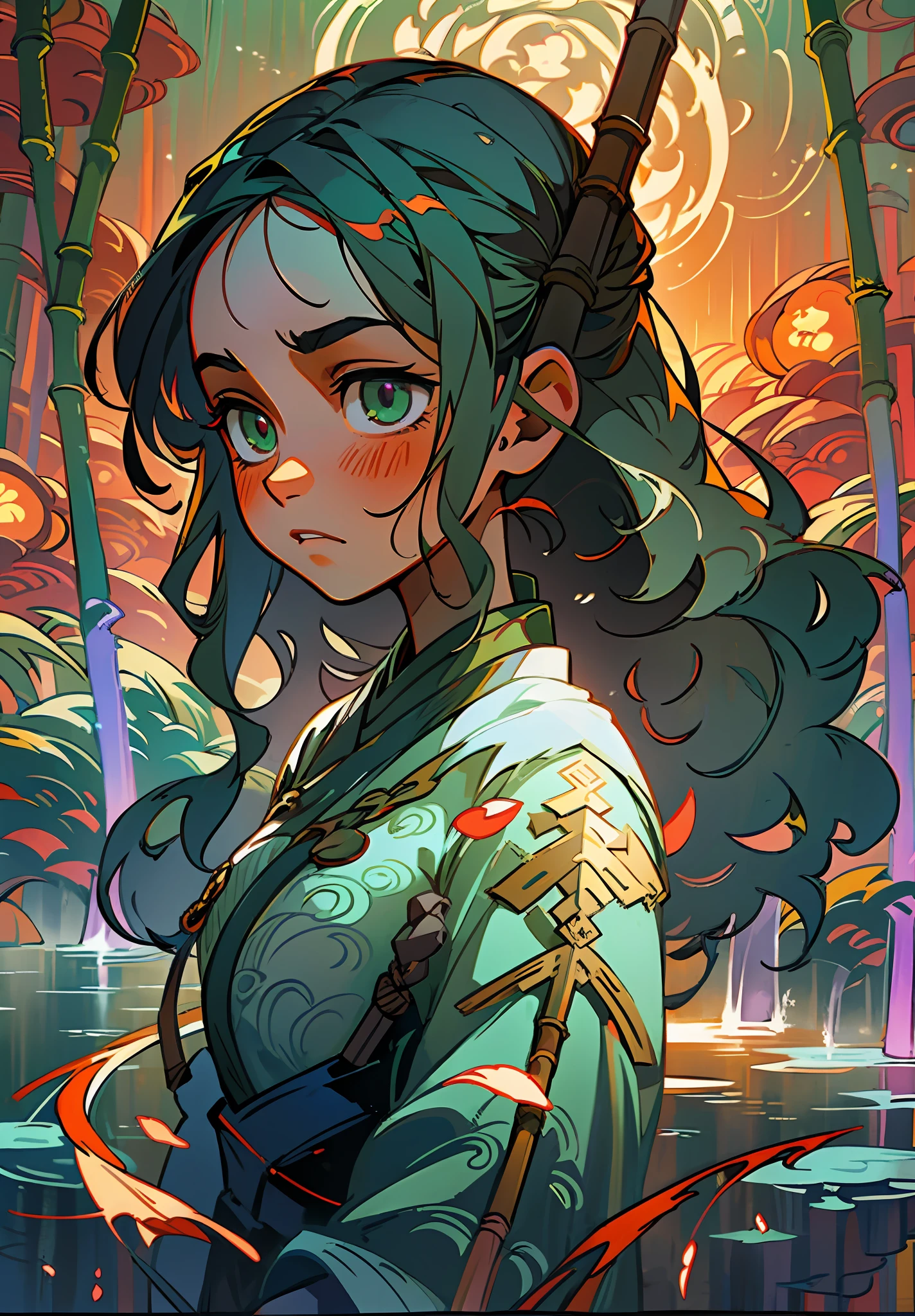 Masterpiece, Best Quality, Ultra Detailed, 1 Girl, on this cold autumn night, a mysterious and leisurely bamboo forest scene, a young girl wearing a light veil and a sad face stands on the bridge. She stared at the stream quietly, as if thinking about something. A creek babbling, a sea of clouds and a starry sky intertwined, and an antique bridge spans it, under which a few fallen leaves and bamboo leaves float. Starlight dotted in this secluded bamboo forest adds infinite spirituality to this beautiful scene. The whole scene presents low-saturation colors, with gray blue, light gray, dark green, dark green, dark purple and dark blue as the main tones, giving people a cool, aesthetic and elegant feeling. This color also provides an ideal basis for expressing mysterious, psychedelic emotions. The style of this scene can be described as antique, fairy, ink painting and landscape mood. They all have the characteristics of traditional Chinese culture, and they are very good at depicting the artistic conception of mountains and rivers, and combine them with fairy tale elements to show an otherworldly temperament. At the same time, the painting also presents the artistic style of ink painting, making the whole scene more elegant and poetic. The girl's sad emotions reflect the whole painting, which makes people have endless reverie. Her dress also reflects the beauty, elegance and antique of the whole painting, adding a bit of tenderness and warmth to the whole painting