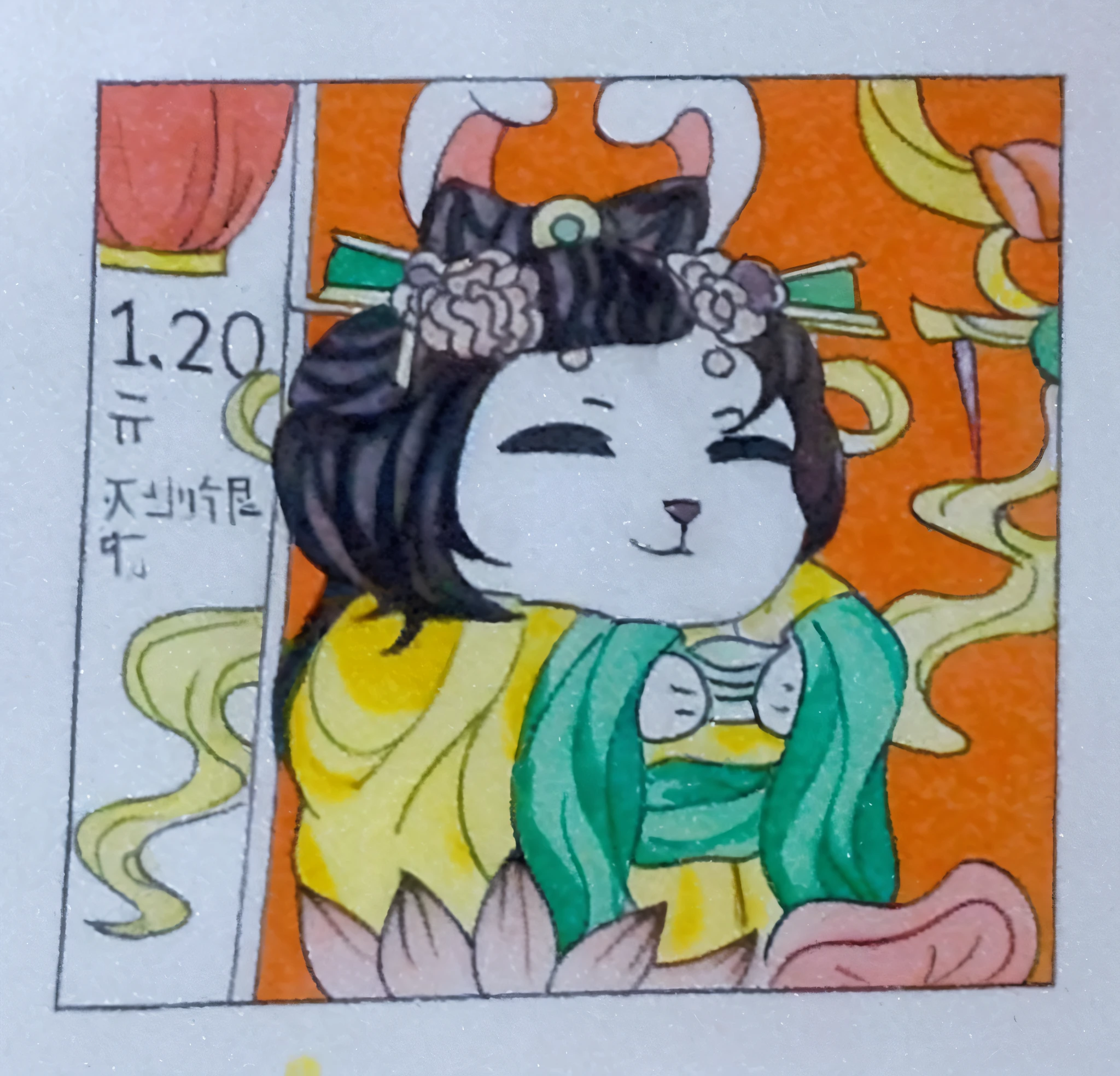 there is a drawing of a cat with a flower in her hair, inspired by Takehisa Yumeji, inspired by Koryusai Isoda, inspired by Utagawa Yoshitaki, inspired by Matsuno Chikanobu, inspired by Utagawa Yoshitsuya, inspired by Yanagawa Shigenobu, inspired by Torii Kiyonaga