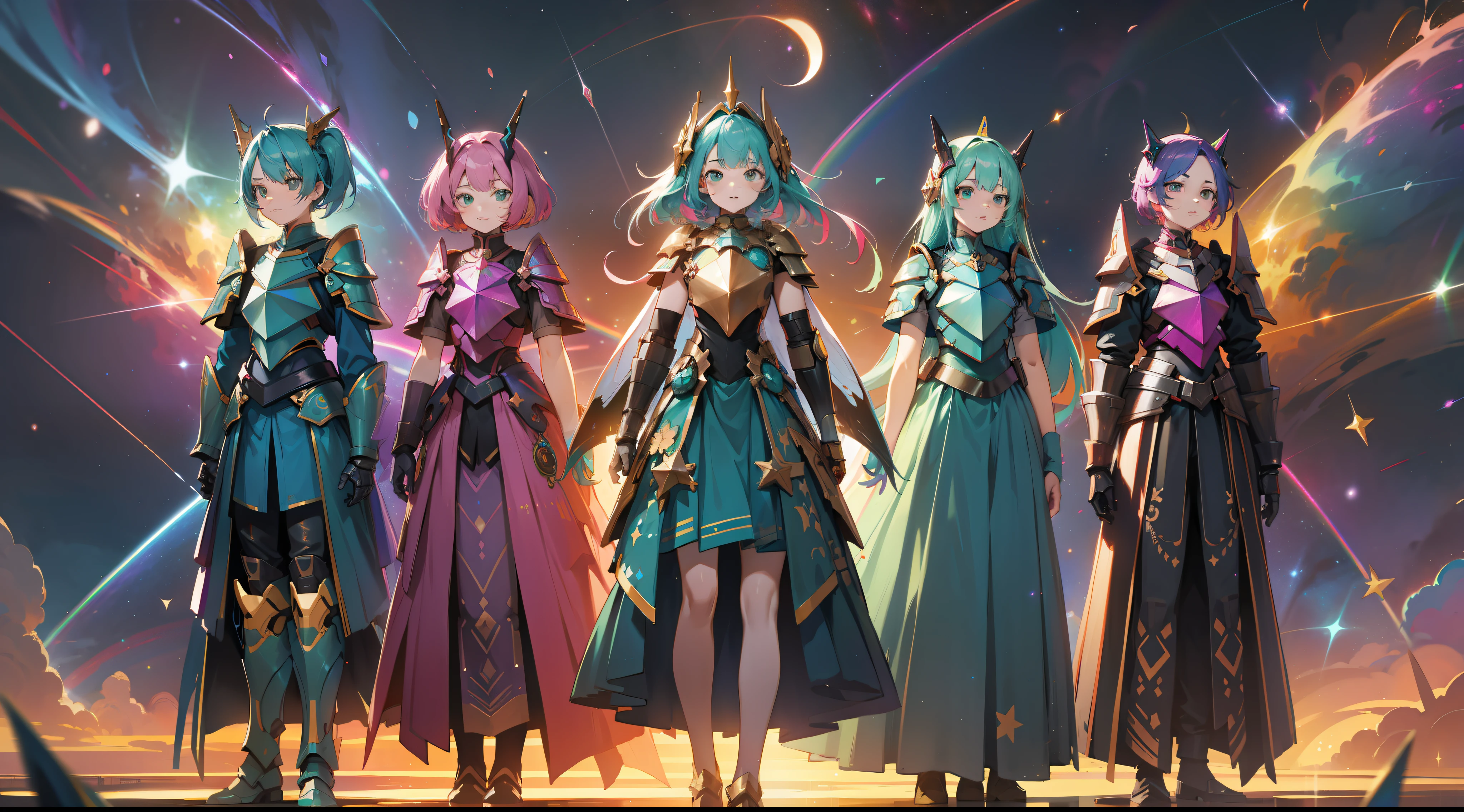 girls with rainbow colored hair and teal dress armor, standing, rainbow colored cosmic nebula background, stars, galaxies