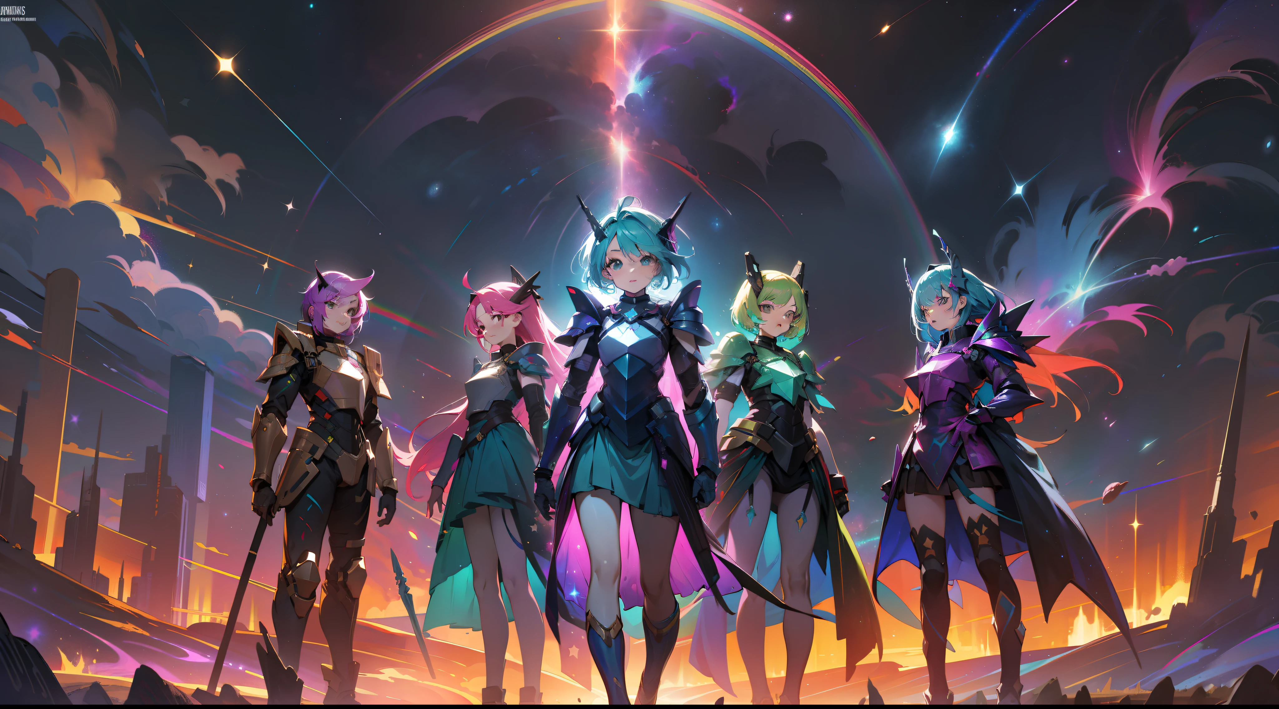 girls with rainbow colored hair and teal dress armor, standing, rainbow colored cosmic nebula background, stars, galaxies