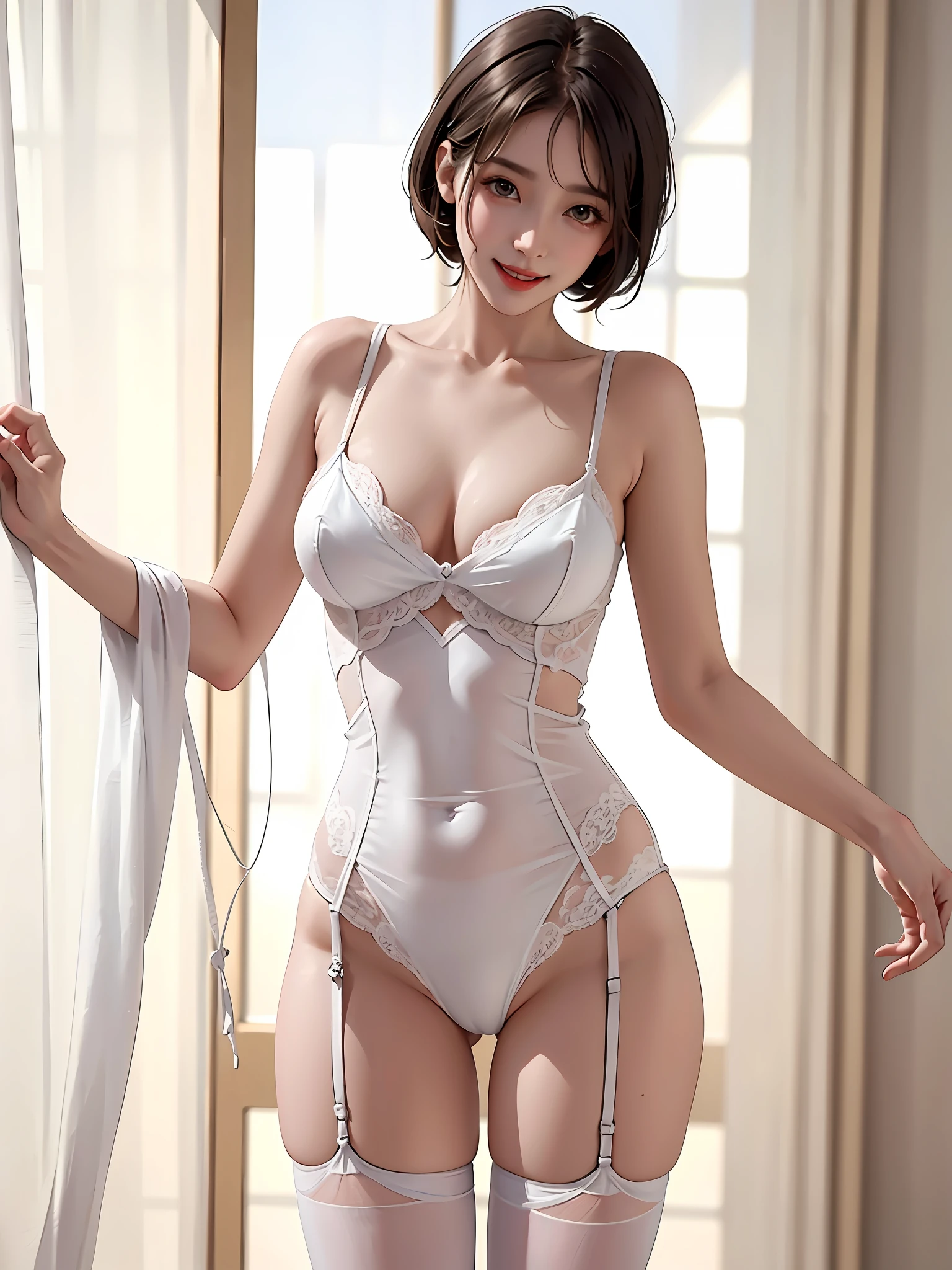 white sexy lingerie, standing figure, brown short hair, big, beautiful girl, young, cute, best smile, hotel, straight ahead, camera gaze, 8k, very detailed, best image quality, best quality, realistic, realistic, masterpiece,