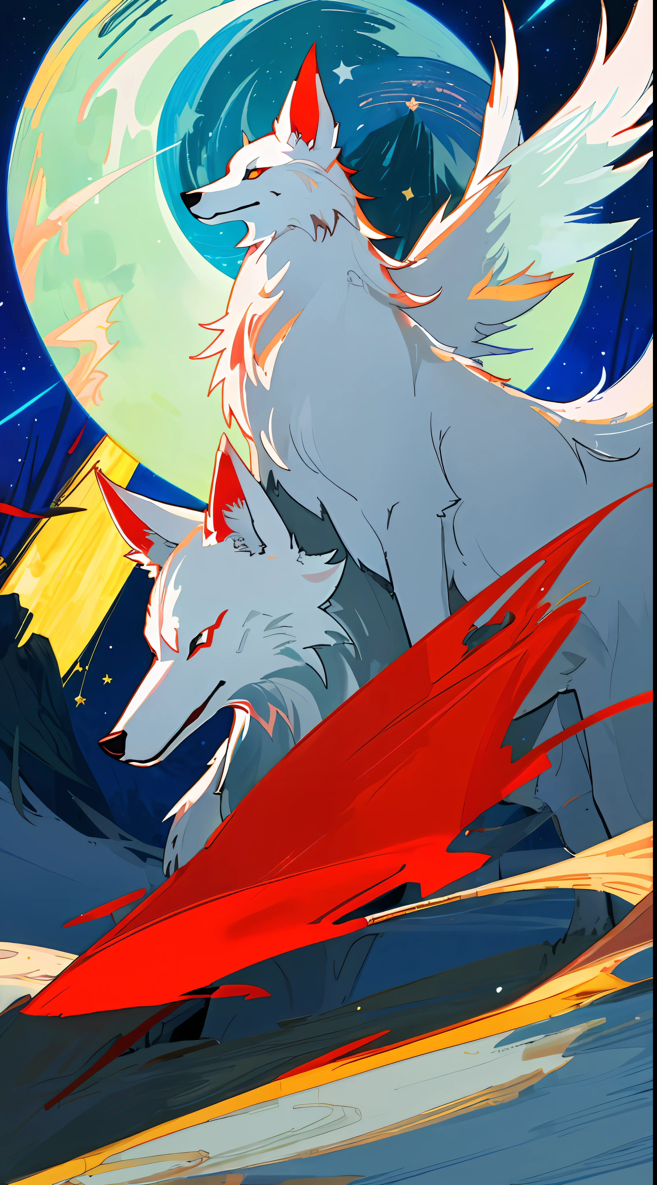 "((masterpiece)), better quality, ultra-detonated details, high-definition illustration, majestic depiction of the white and red wolf Okami, moonlight reflected in his coat, in the starry night, subtle lights illuminating the forest around him."