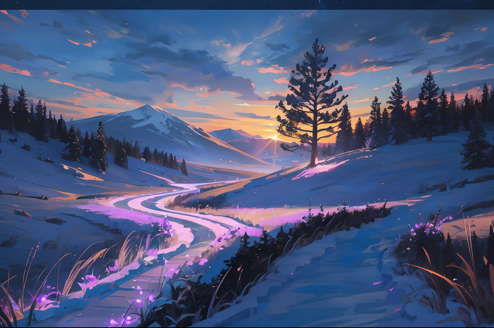 best quality, masterpiece, beautiful wild and natural fantasy landscape with glowing lights --auto --s2