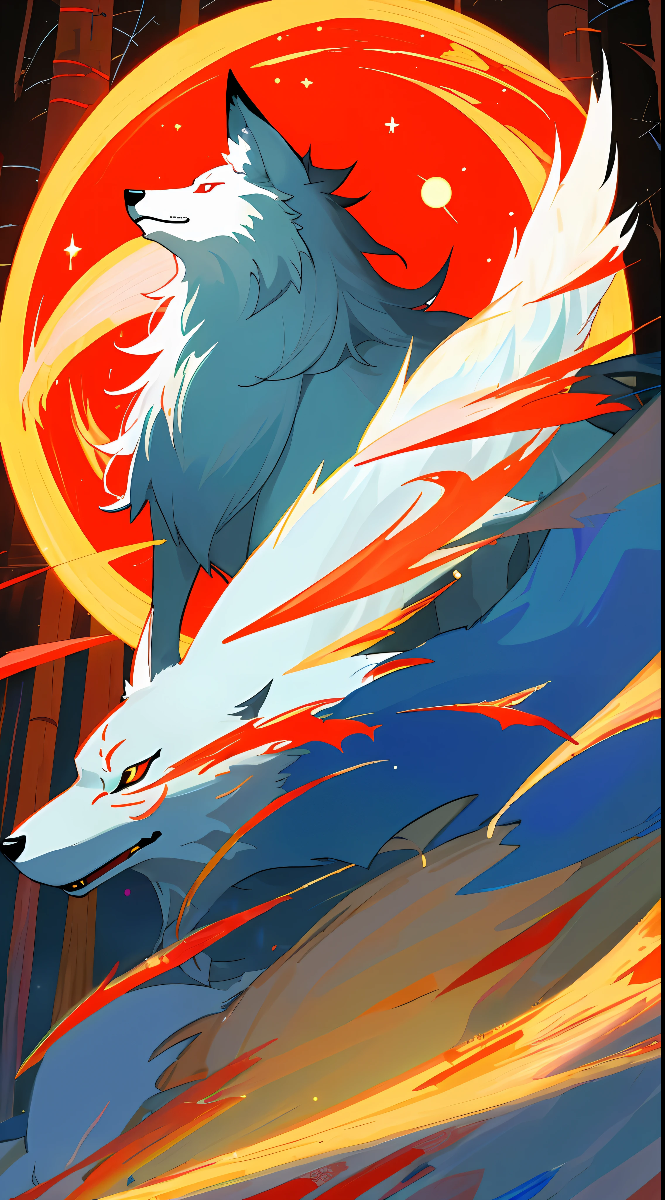 "((masterpiece)), better quality, ultra-detonated details, high-definition illustration, majestic depiction of the white and red wolf Okami, moonlight reflected in his coat, in the starry night, subtle lights illuminating the forest around him."