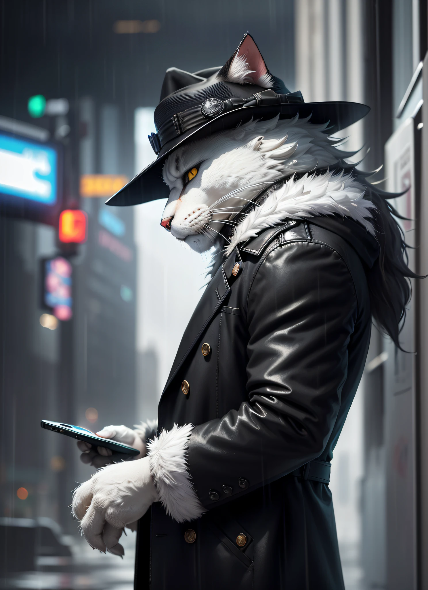 (close-up on face)), ((side view, cinematic)), (furry:1.2), (hairy anthropomorphic cat looking at a cell phone, fedora hat, long coat), (white cat), ((heavy rain)), in the background cyberpunk buildings, ((alone))((he's wet)), you can see the drops falling on the tip of the fedora hat, ((it's dark, the phone's glare reflects on the face)), from side